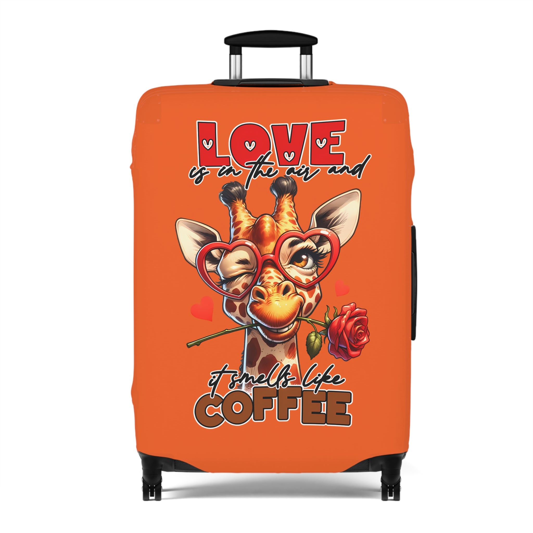 Love is in the Air and It Smells Like Coffee Giraffe Luggage Cover, Cute Giraffe with Glasses and Rose, Funny Coffee Lover's Luggage Cover, Valentine's Day Gift Luggage Cover