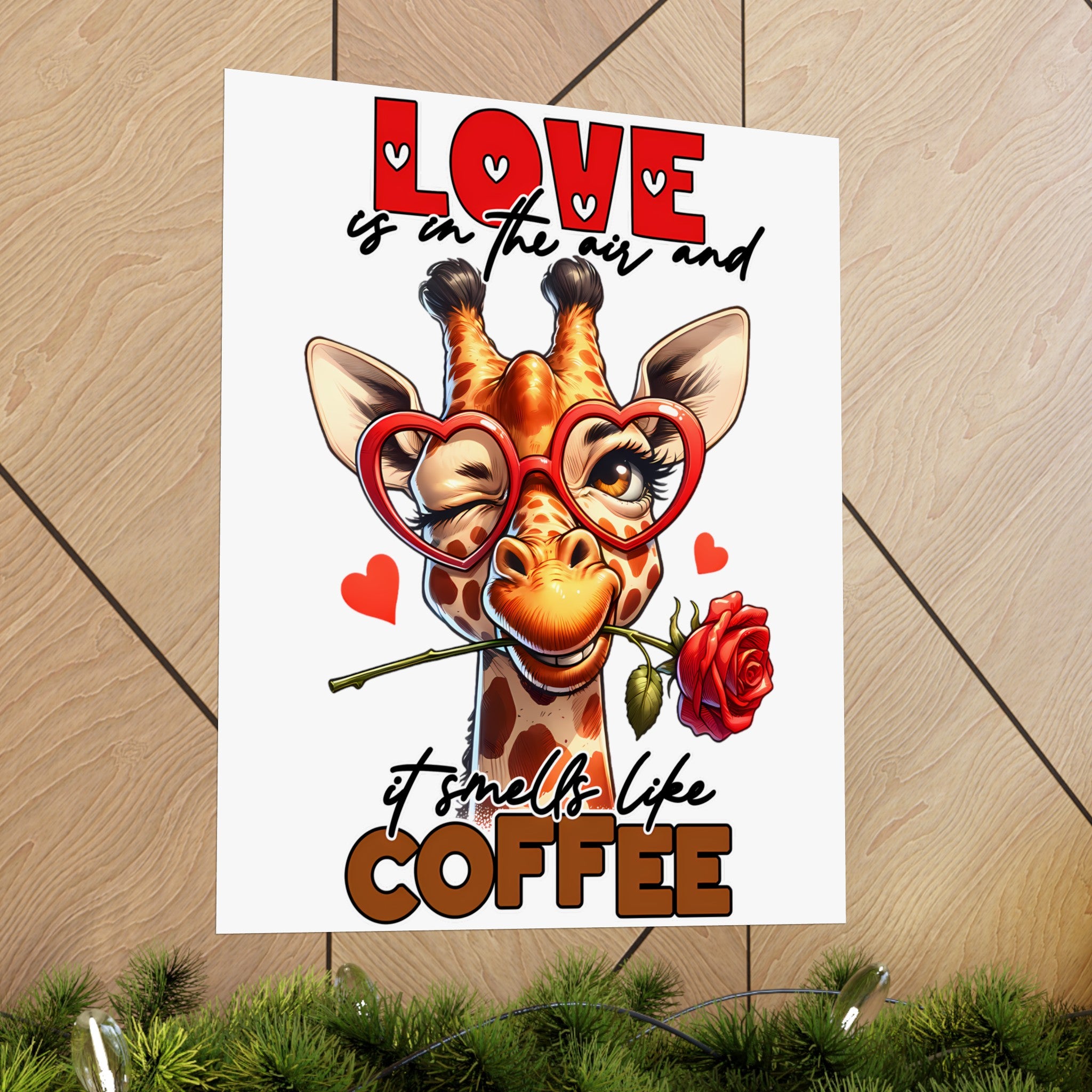 Love Is In The Air Giraffe Wall Art, Coffee Quote Poster, Heart Glasses Giraffe Print, Rose In Mouth Giraffe Decor, Cute Animal Lover Gift Matte Vertical Posters