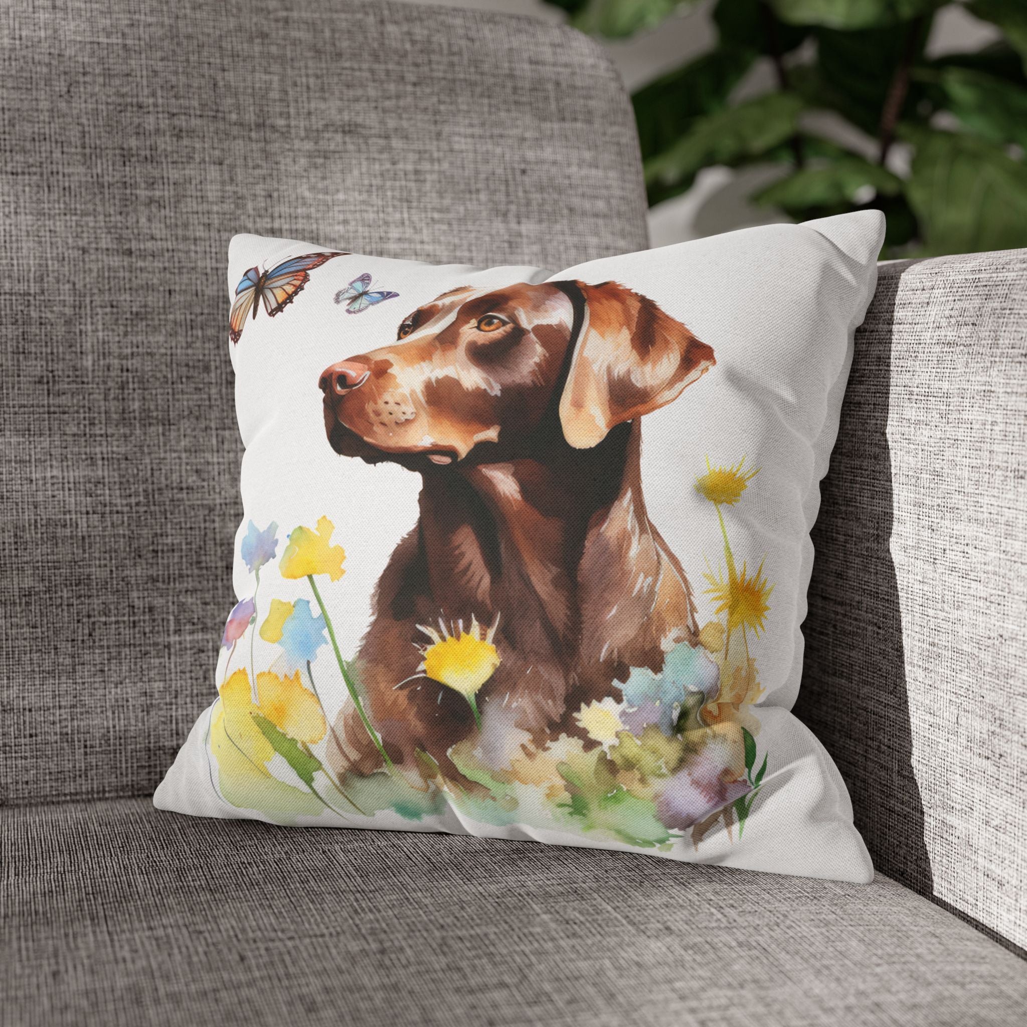 Charming Brown Dog with Butterflies and Flowers Spun Polyester Square Pillowcase