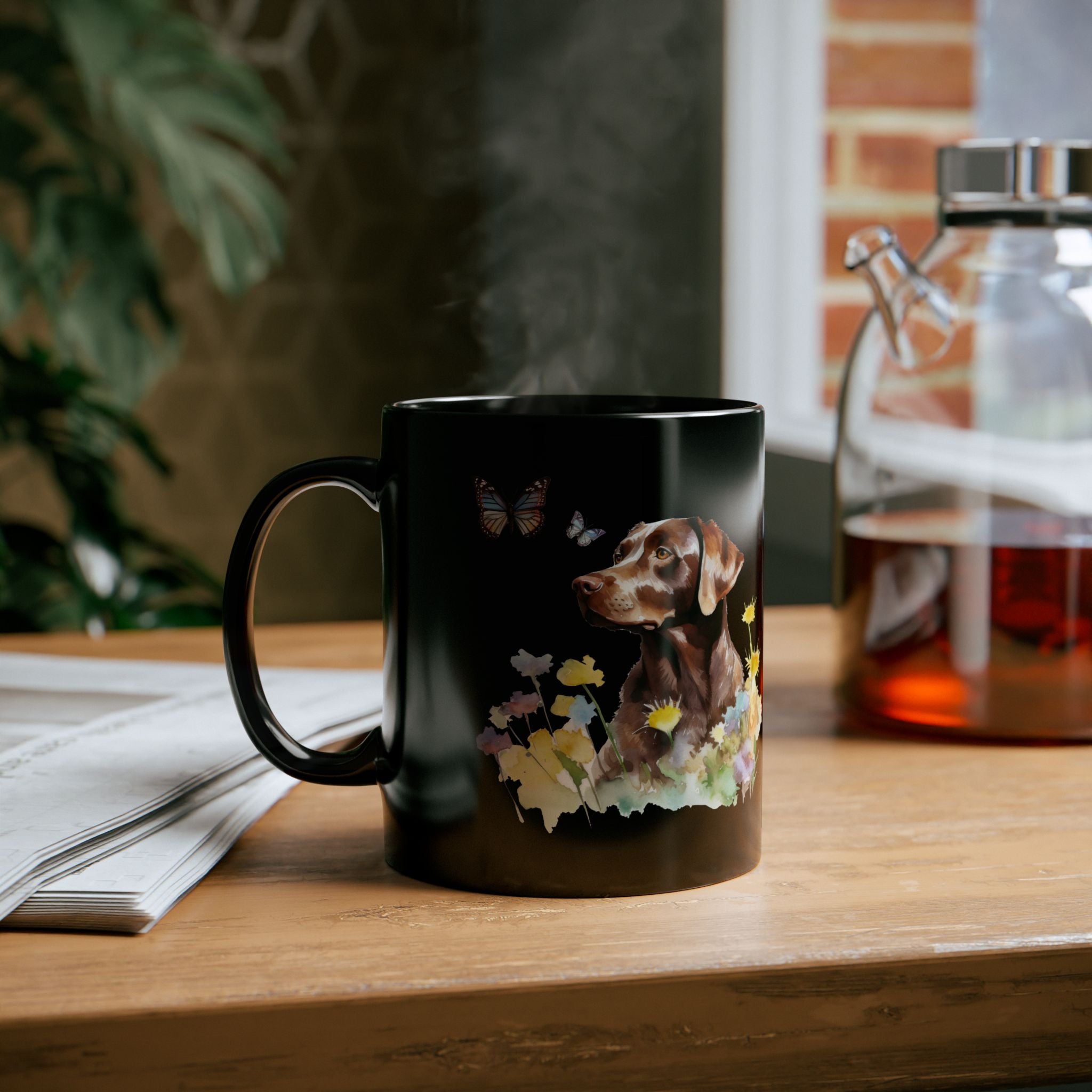 Copy of Charming Brown Dog with Butterflies and Flowers Black Mug (11oz, 15oz)