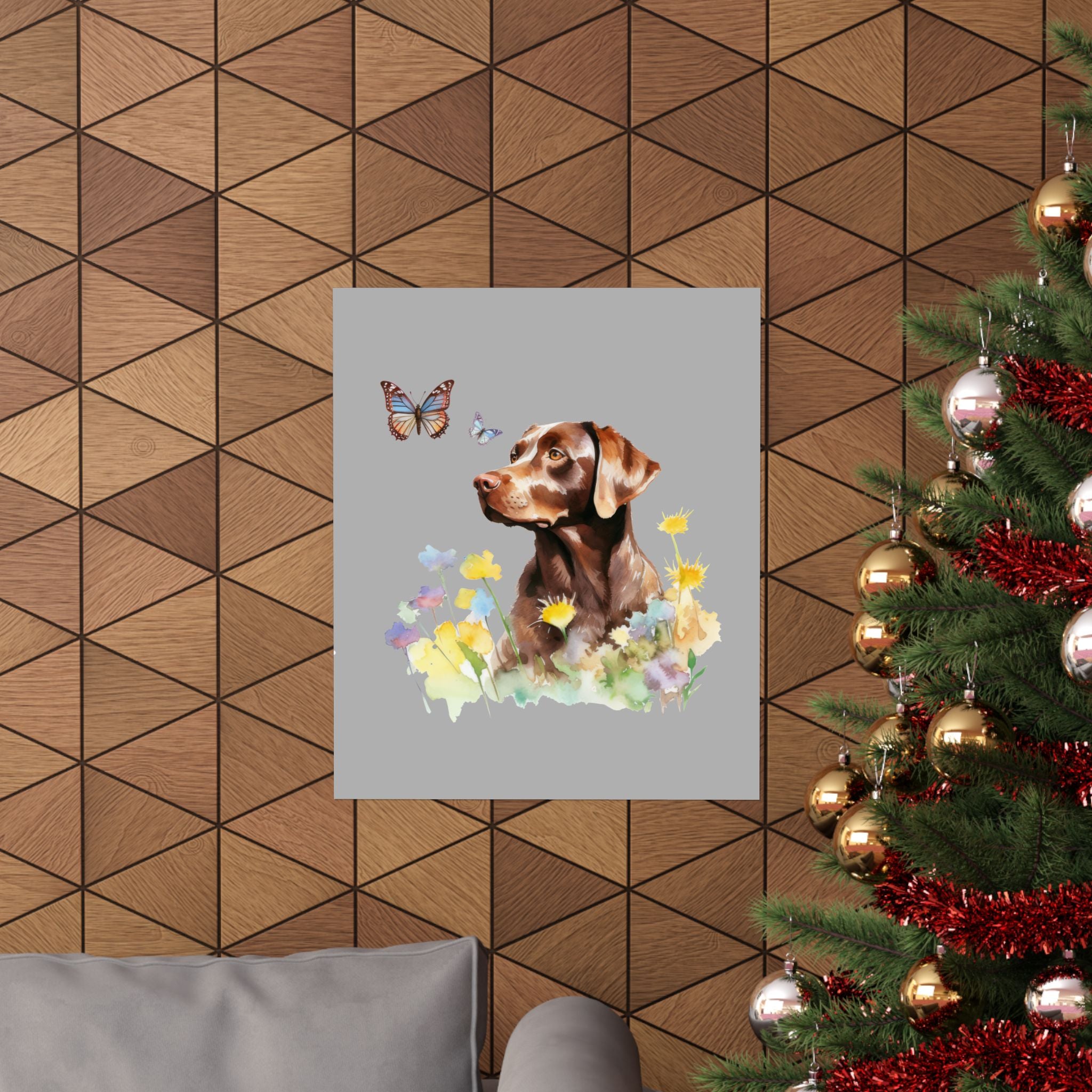 Charming Brown Dog with Butterflies and Flowers  Matte Vertical Posters