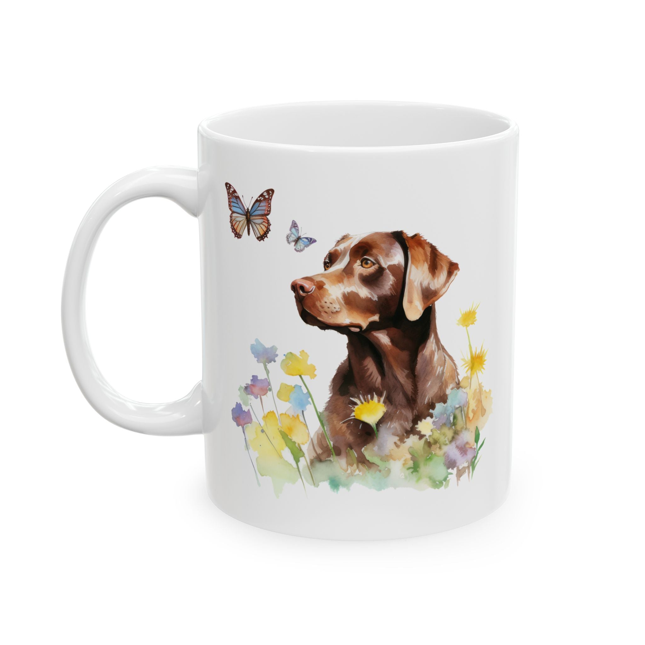 Charming Brown Dog with Butterflies and Flowers Mug Ceramic Mug, (11oz, 15oz)