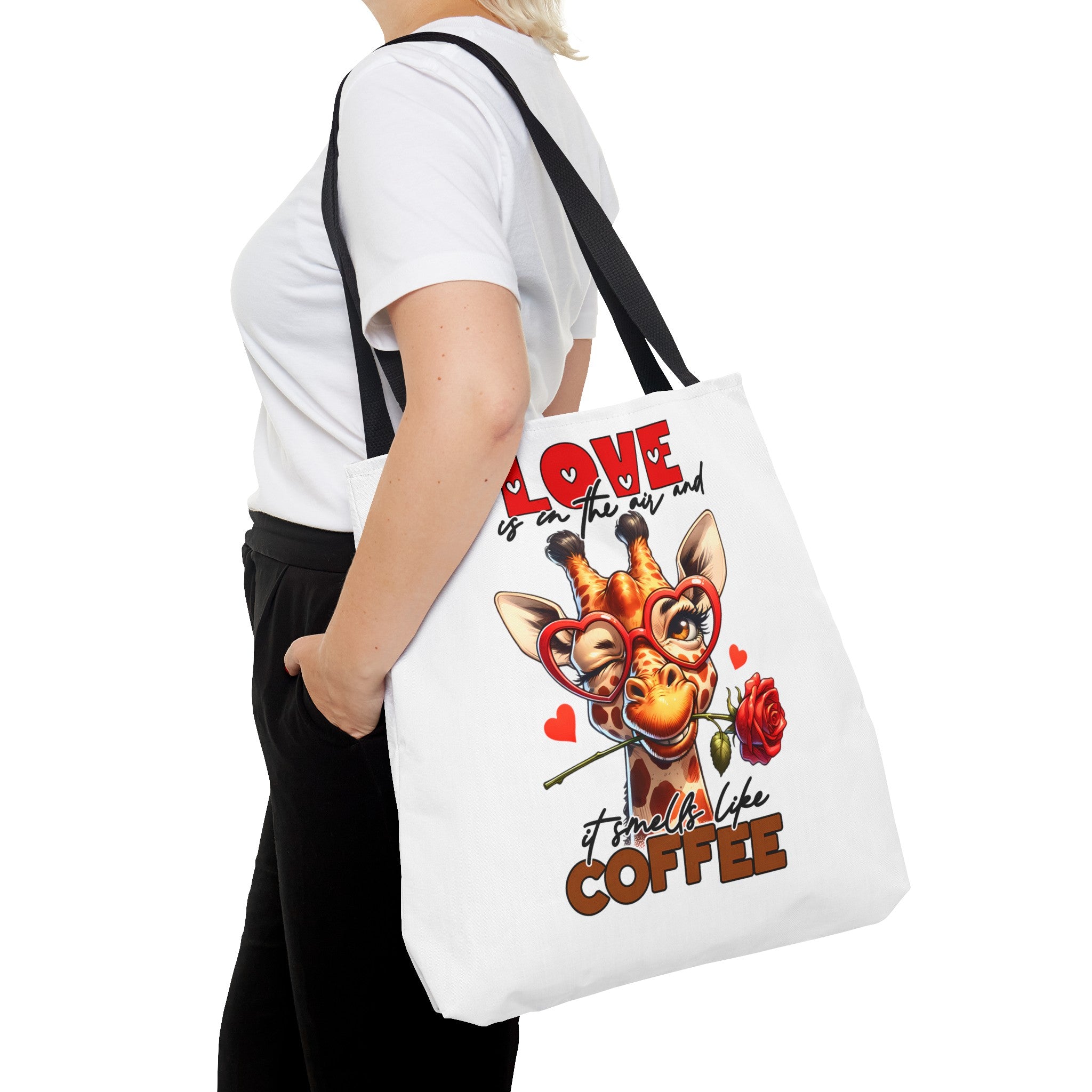 Love Is In The Air Giraffe Tote Bag, Cute Coffee Lover Giraffe Tote Bag, Funny Giraffe With Rose Tote Bag, Valentine's Day Gift Tote Bag Tote Tote Bag