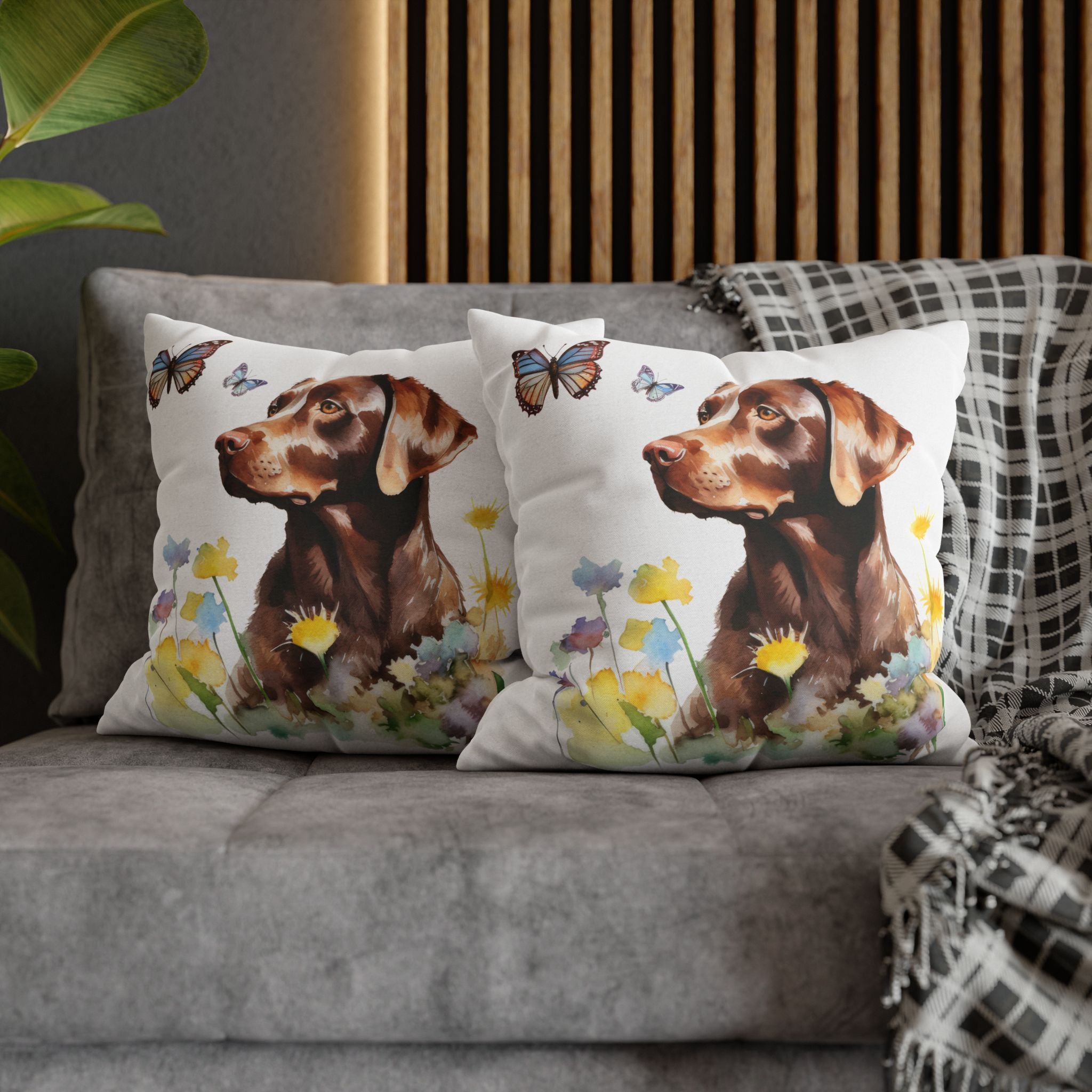 Charming Brown Dog with Butterflies and Flowers Spun Polyester Square Pillowcase