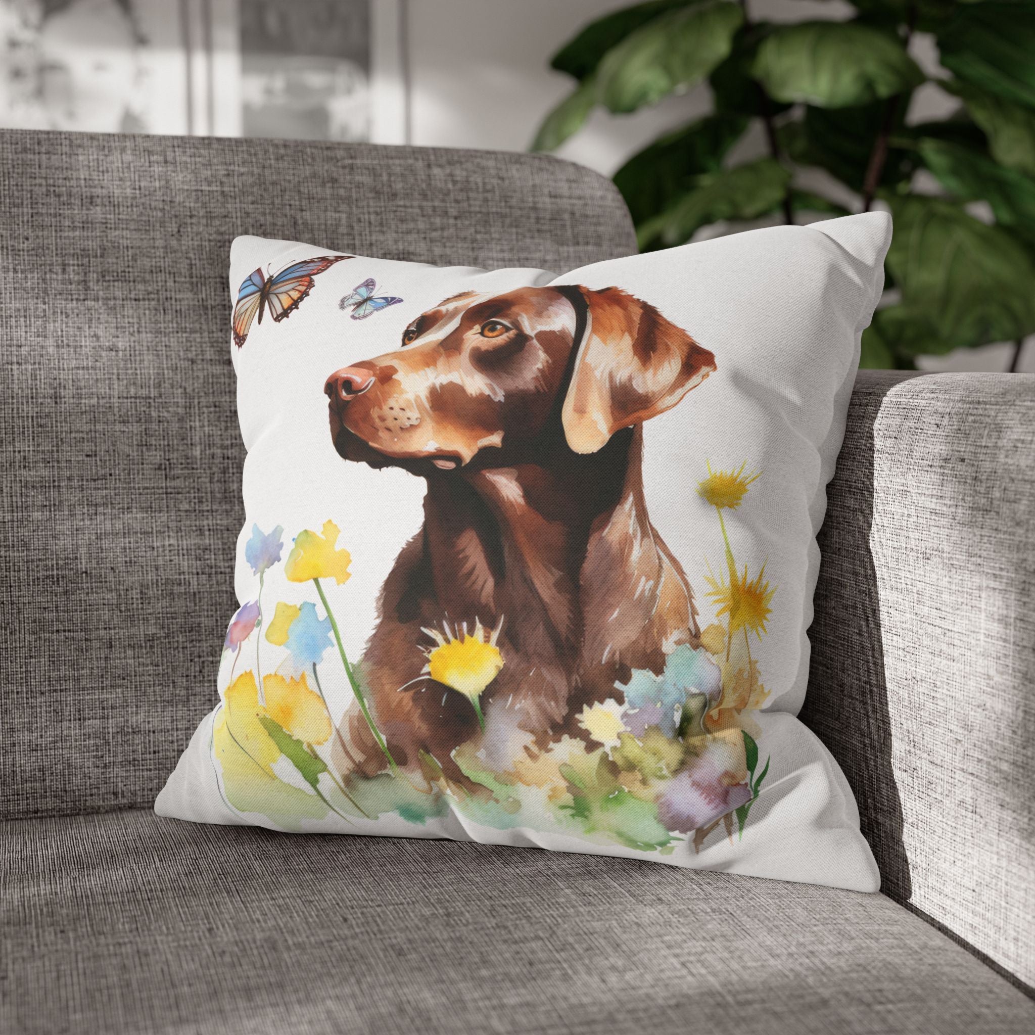 Charming Brown Dog with Butterflies and Flowers Spun Polyester Square Pillowcase