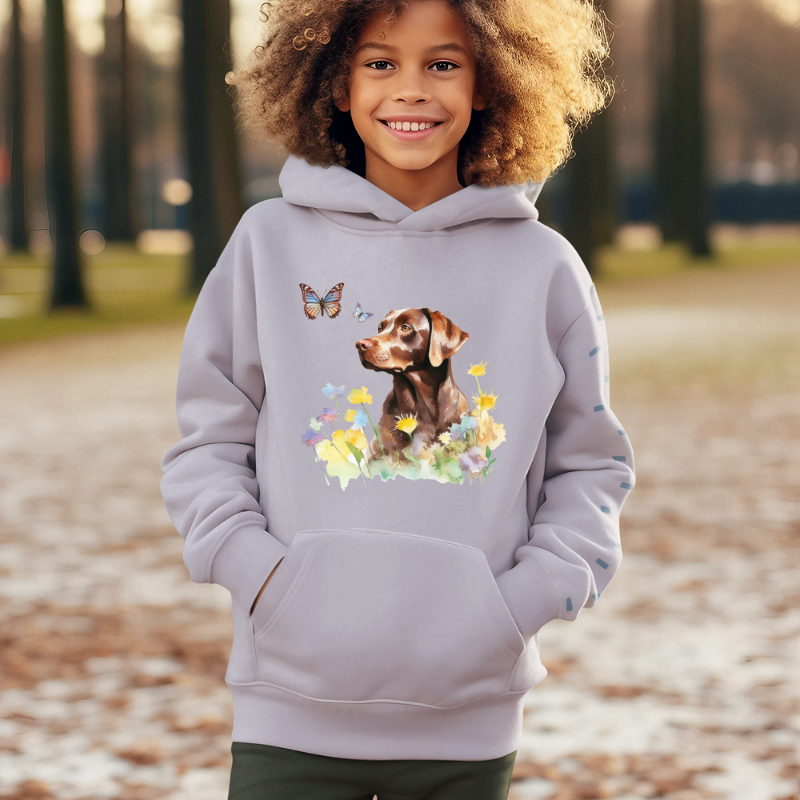 Charming Brown Dog with Butterflies and Flowers Kids Hoodie