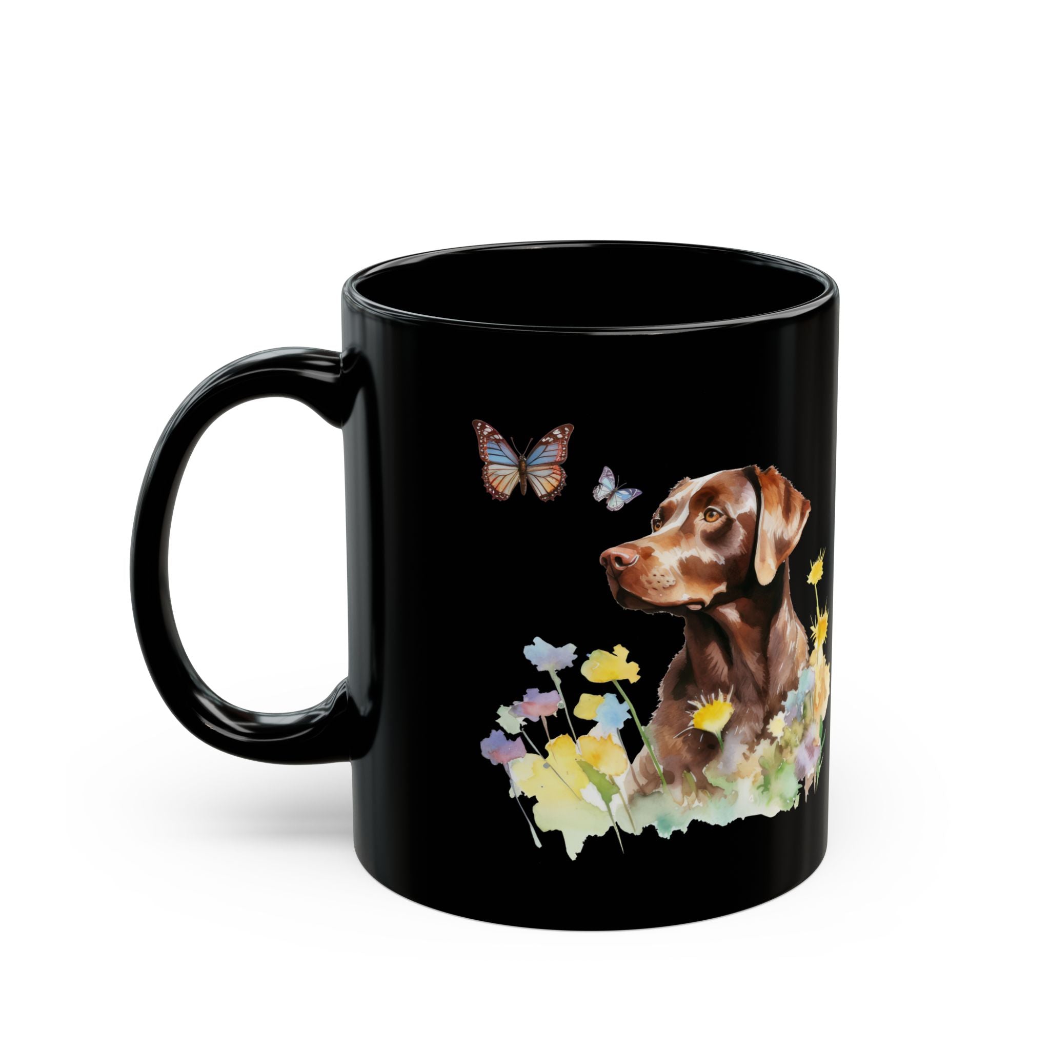 Copy of Charming Brown Dog with Butterflies and Flowers Black Mug (11oz, 15oz)