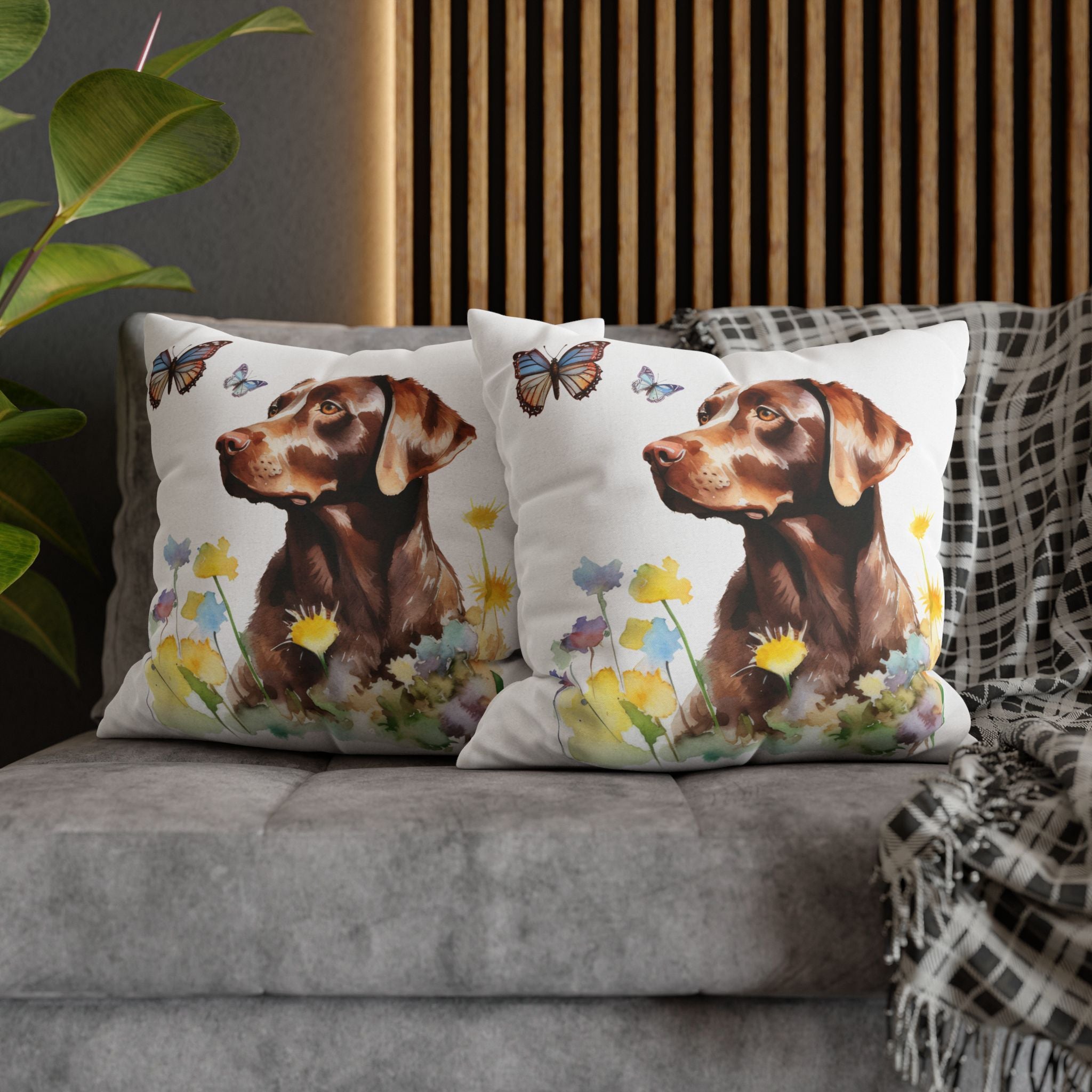 Charming Brown Dog with Butterflies and Flowers Spun Polyester Square Pillowcase