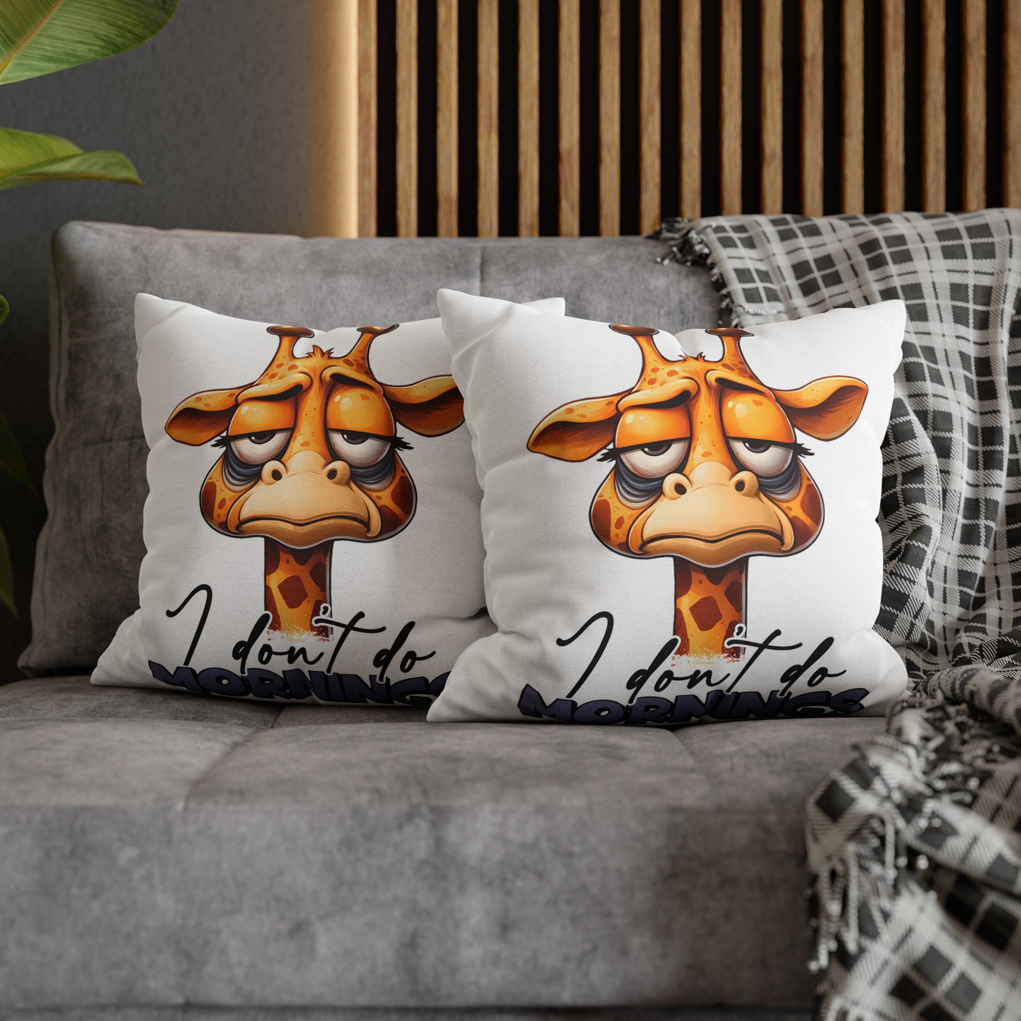 Cute Giraffe I Don't Do Mornings Quote Pillow, Funny Animal Pillow Cover, Humorous Home Decor, Unique Gift Idea, Couch Cushion Cover Spun Polyester Square Pillowcase