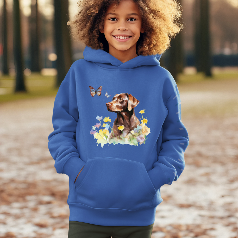 Charming Brown Dog with Butterflies and Flowers Kids Hoodie