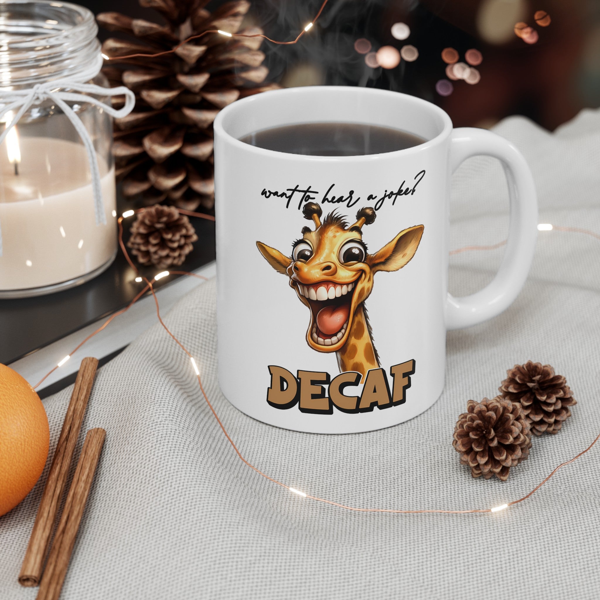 Funny Giraffe Joke Mug, Decaf Coffee Mug, Humorous Animal Lover Gift, Unique Coffee Cup, Perfect for Gag Gifts, Cute Animal Mug Ceramic Mug, (11oz, 15oz)