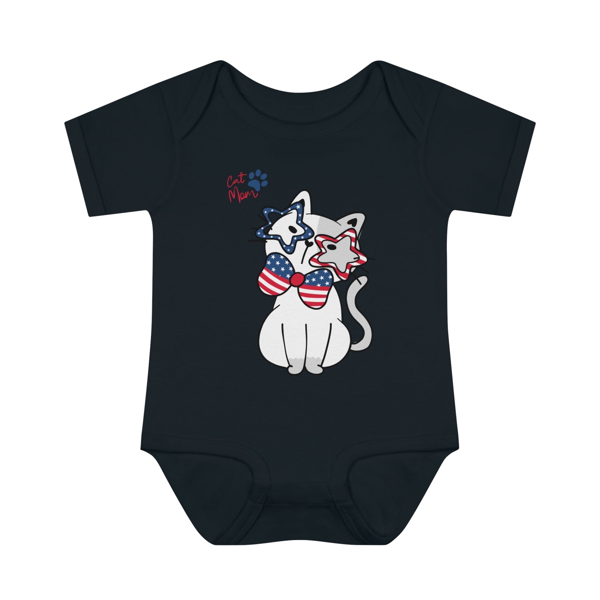 Cat Mom American Flag Sunglass Design Baby Bodysuit