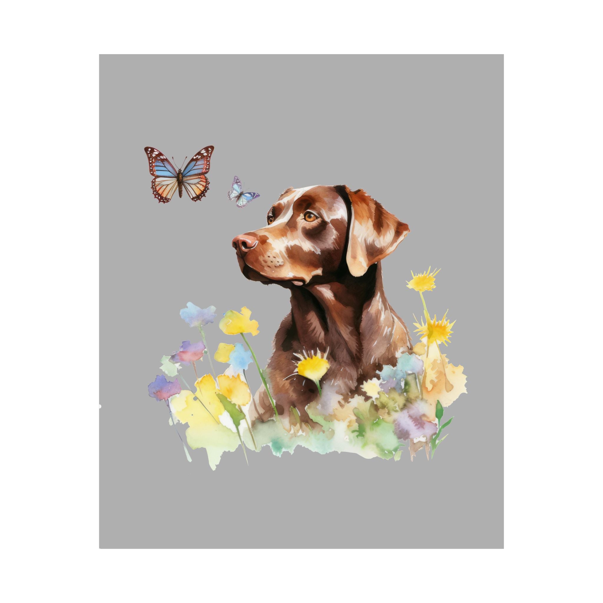 Charming Brown Dog with Butterflies and Flowers  Matte Vertical Posters