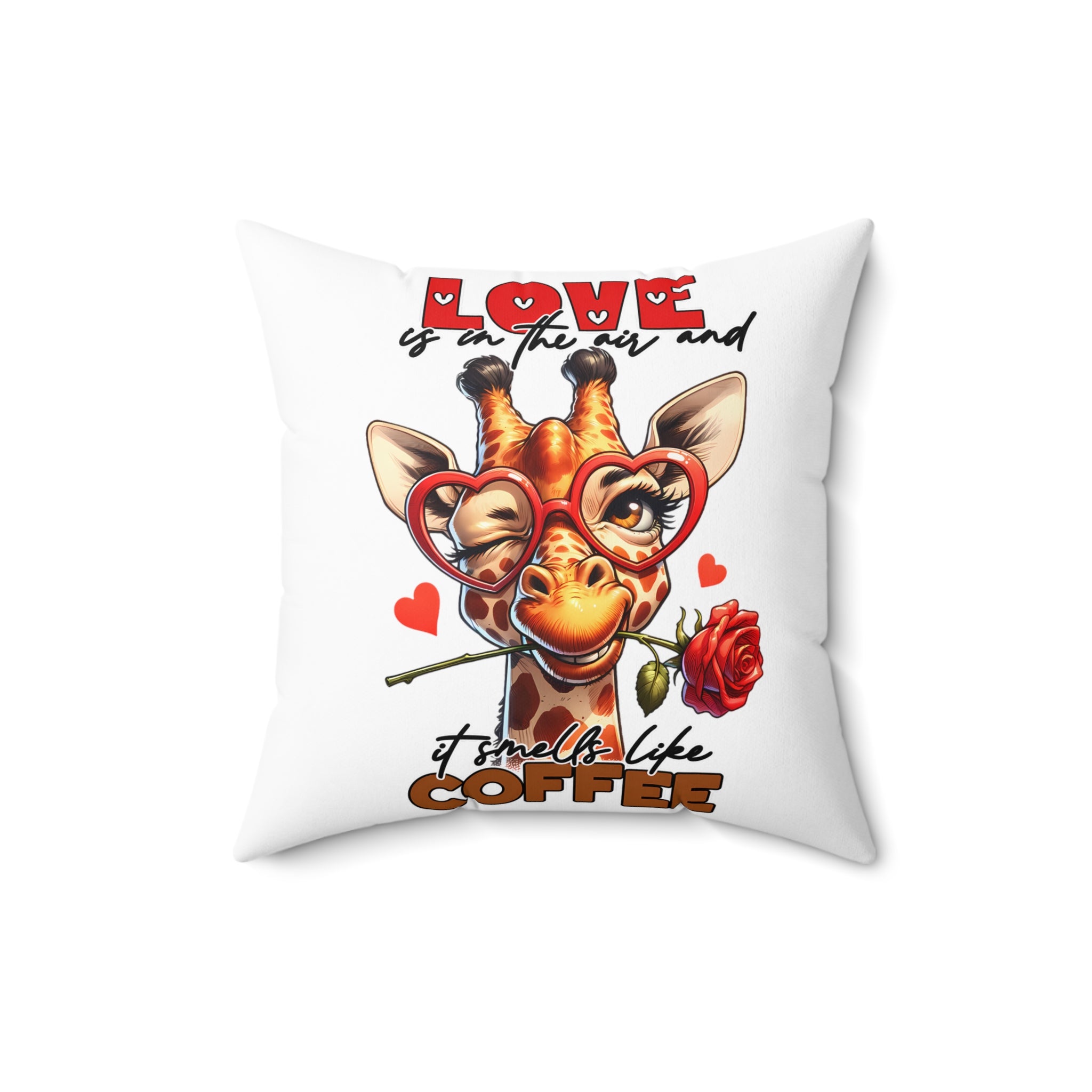 Love Is In The Air Pillow, Funny Giraffe Decor, Coffee Lover Gift, Cute Animal Cushion, Rose and Heart Design Pillow, Unique Home Decor Spun Polyester Square Pillow