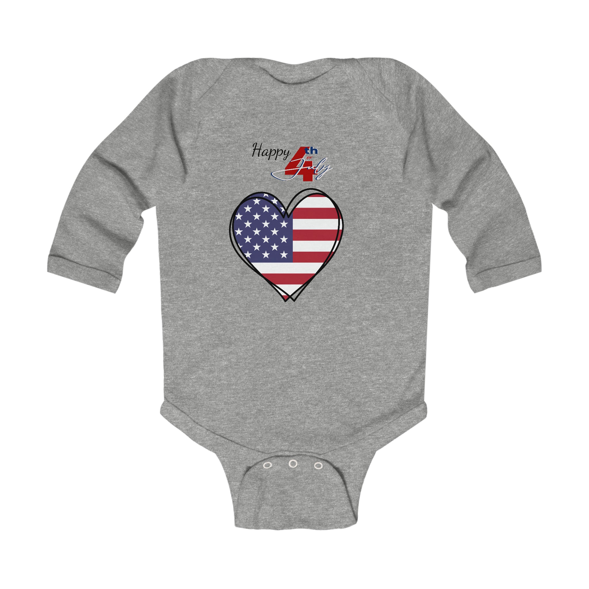 Happy 4th of July American Flag Big Heart design Long Sleeve Baby Bodysuit