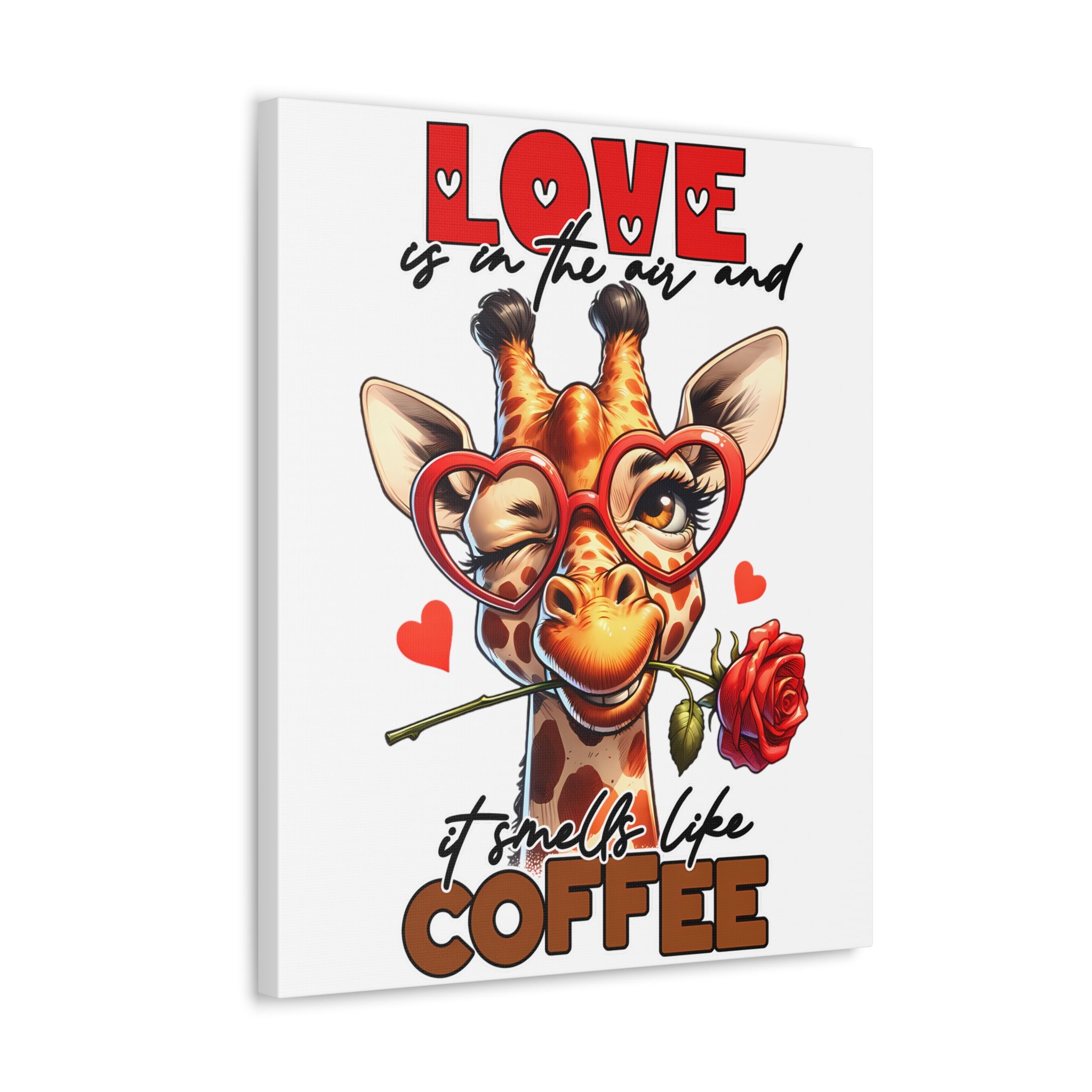 Cute Giraffe Love Wall Art, Coffee Quote Poster, Quirky Animal Decor, Fun Giraffe Illustration, Heart Glasses Artwork, Romantic Coffee Print Canvas Gallery Wraps