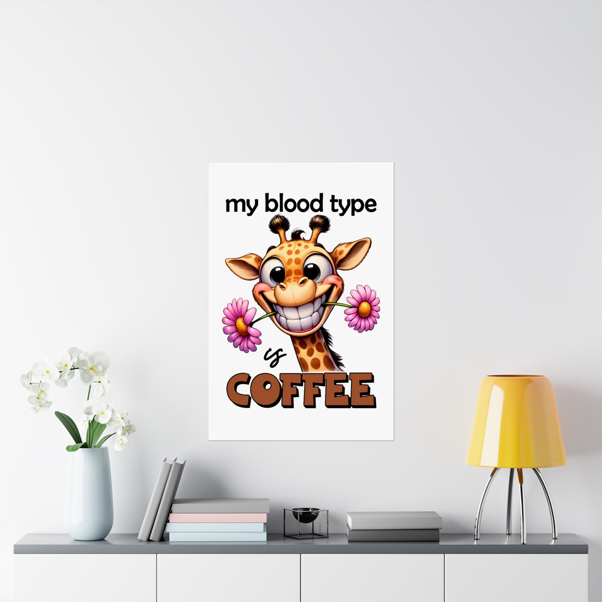 Funny Animal Wall Art, My Blood Type Is Coffee Poster, Coffee Lover's Wall Decor, Giraffe Art Print, Cute Animal Art, Coffee Humor Matte Vertical Posters