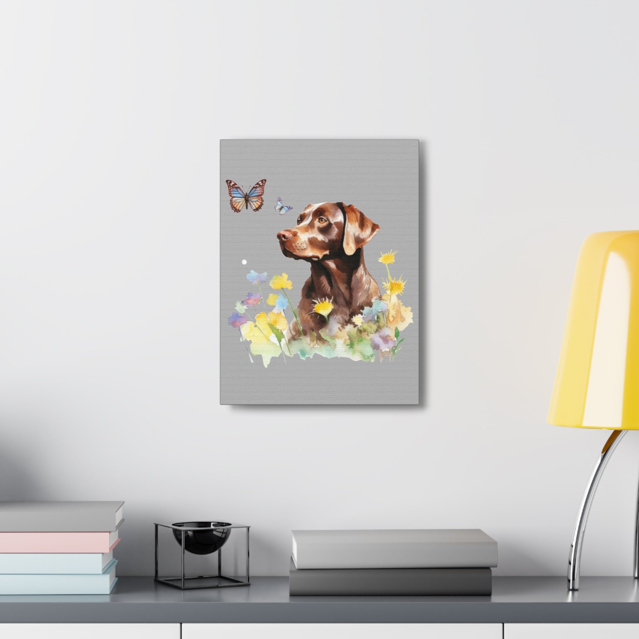 Charming Brown Dog with Butterflies and Flowers  Canvas Gallery Wraps