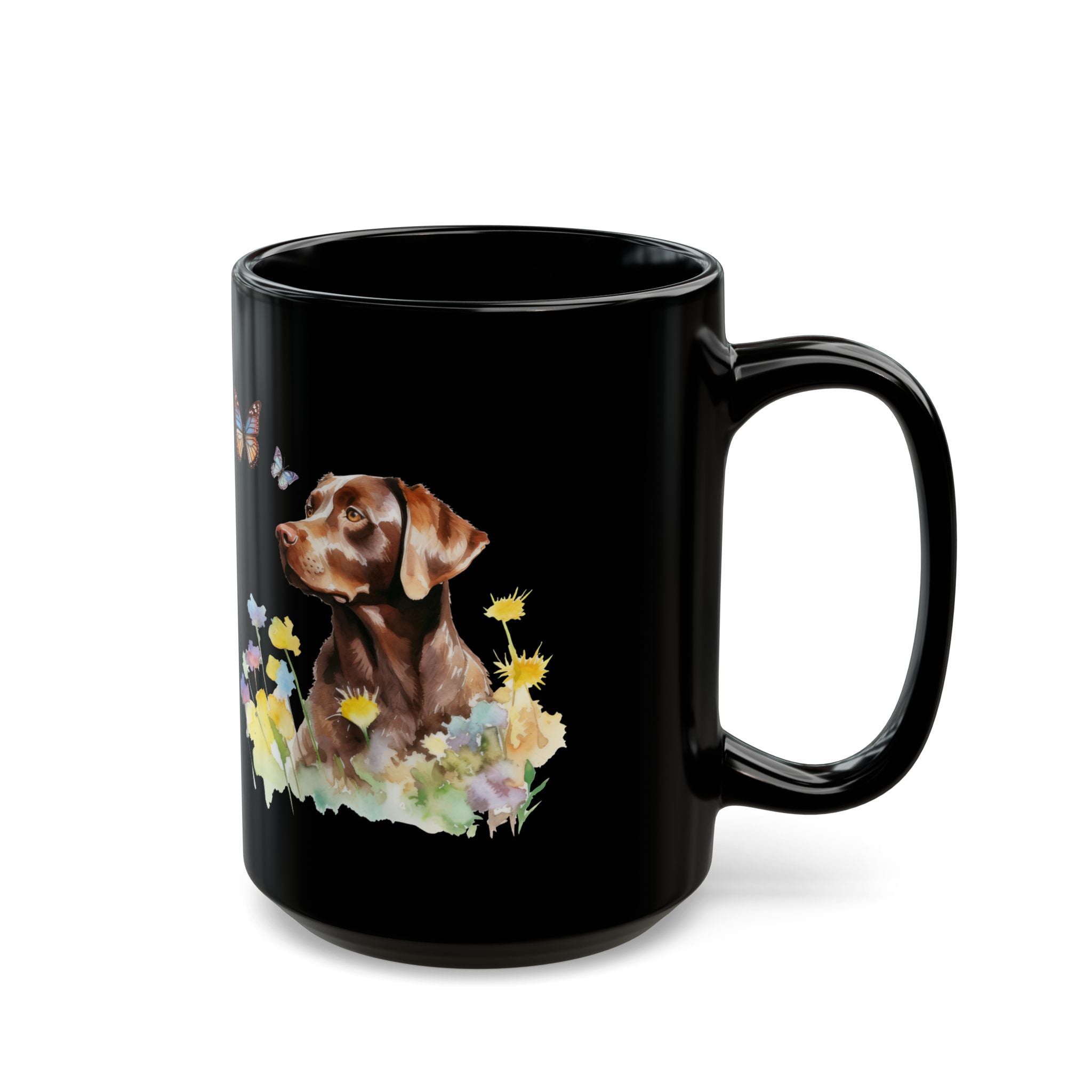 Copy of Charming Brown Dog with Butterflies and Flowers Black Mug (11oz, 15oz)