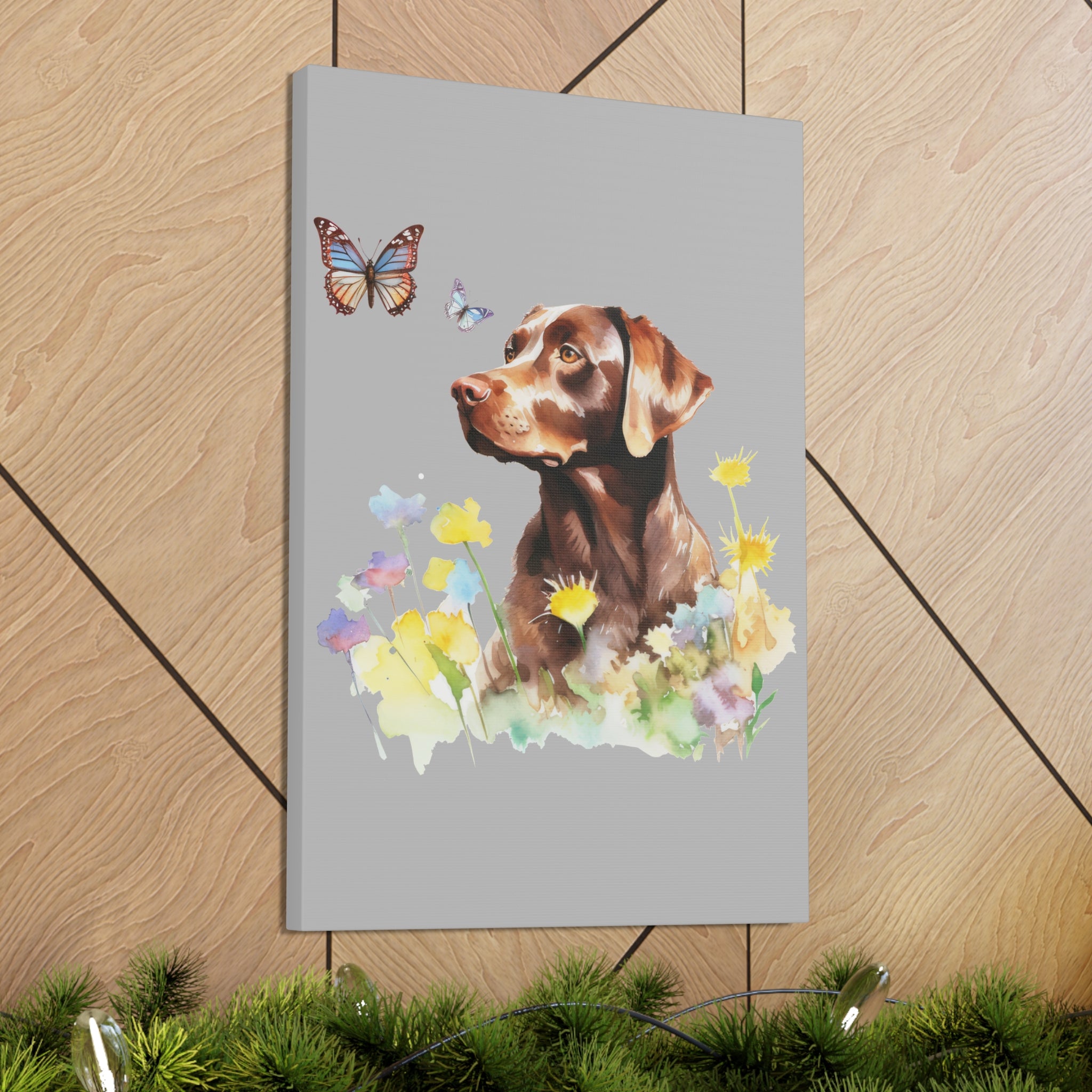 Charming Brown Dog with Butterflies and Flowers  Canvas Gallery Wraps