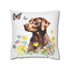 Charming Brown Dog with Butterflies and Flowers Spun Polyester Square Pillowcase