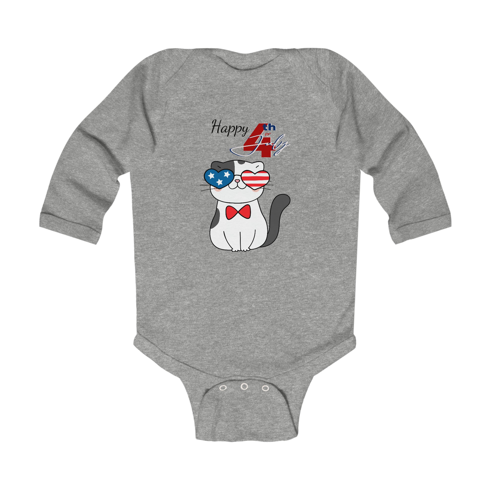 Happy 4th of July American Flag Cat Design Long Sleeve Baby Bodysuit