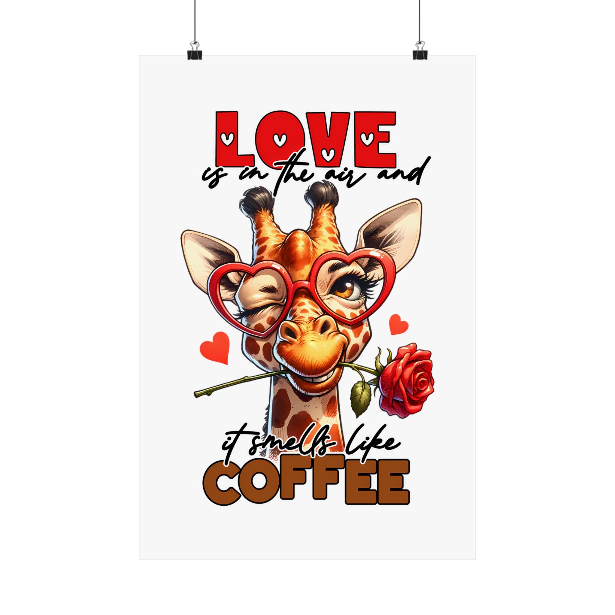 Love Is In The Air Giraffe Wall Art, Coffee Quote Poster, Heart Glasses Giraffe Print, Rose In Mouth Giraffe Decor, Cute Animal Lover Gift Matte Vertical Posters