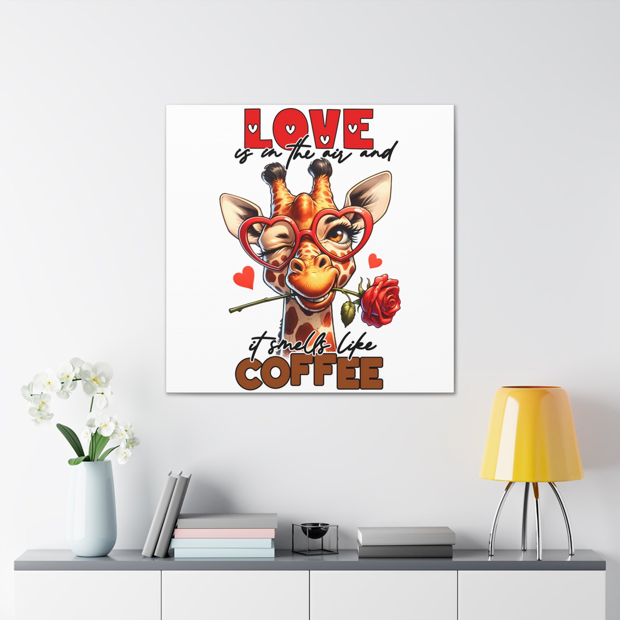 Cute Giraffe Love Wall Art, Coffee Quote Poster, Quirky Animal Decor, Fun Giraffe Illustration, Heart Glasses Artwork, Romantic Coffee Print Canvas Gallery Wraps