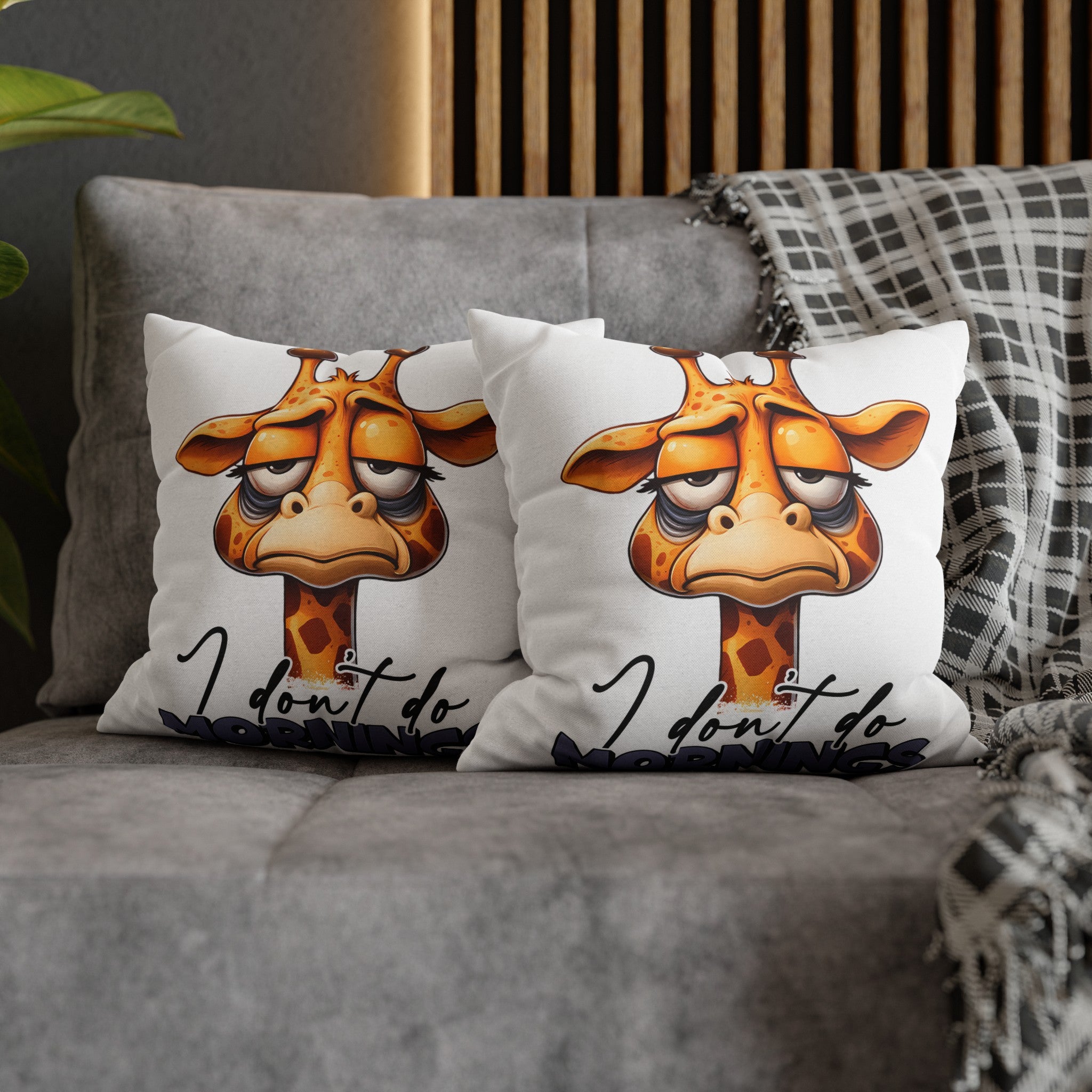 Cute Giraffe I Don't Do Mornings Quote Pillow, Funny Animal Pillow Cover, Humorous Home Decor, Unique Gift Idea, Couch Cushion Cover Spun Polyester Square Pillowcase