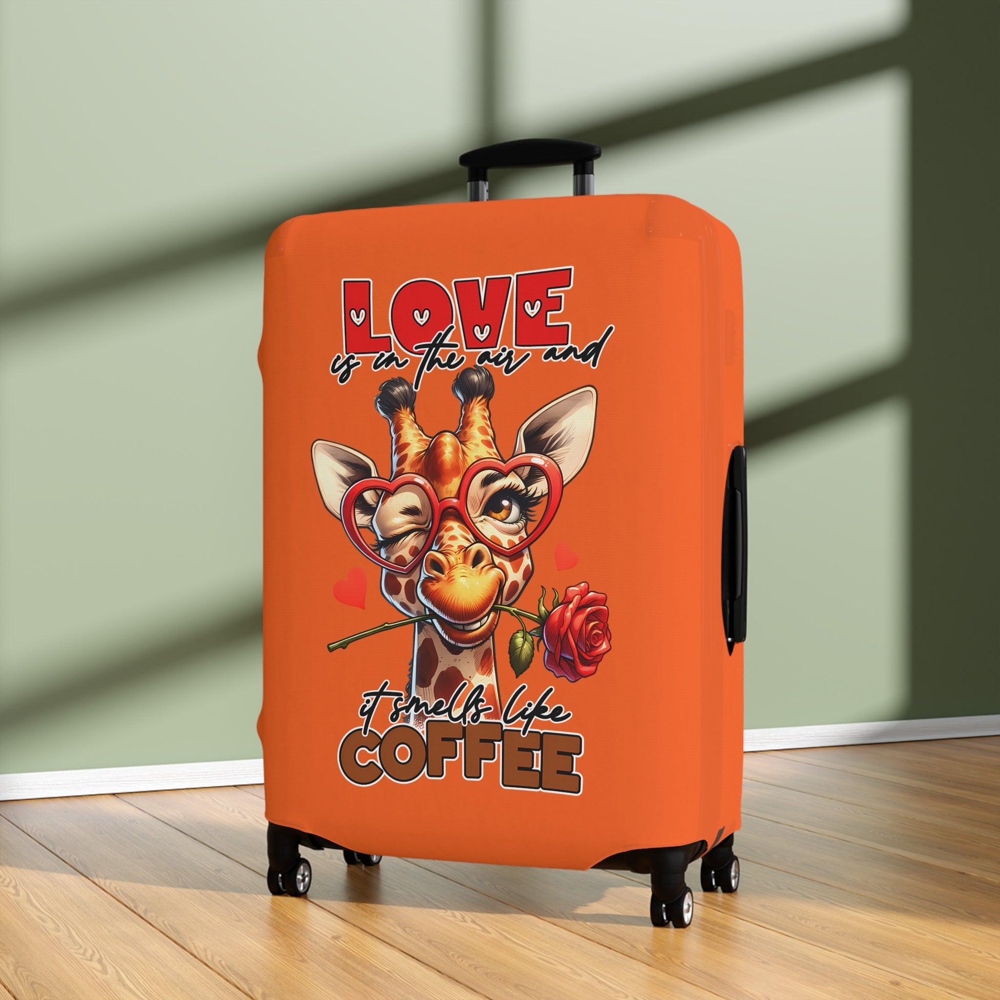 Love is in the Air and It Smells Like Coffee Giraffe Luggage Cover, Cute Giraffe with Glasses and Rose, Funny Coffee Lover's Luggage Cover, Valentine's Day Gift Luggage Cover