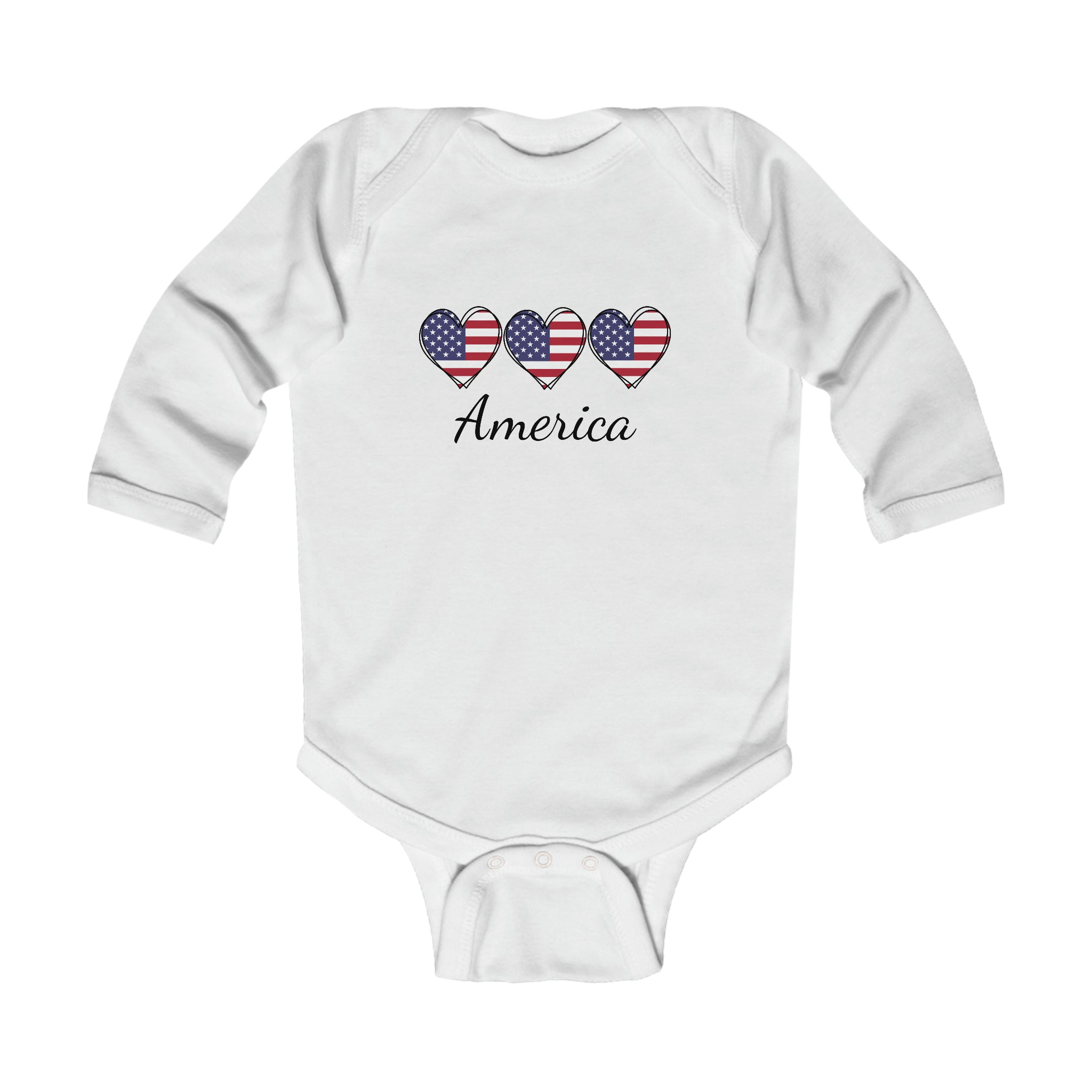 America 3 Hearts Long Sleeve Baby Bodysuit