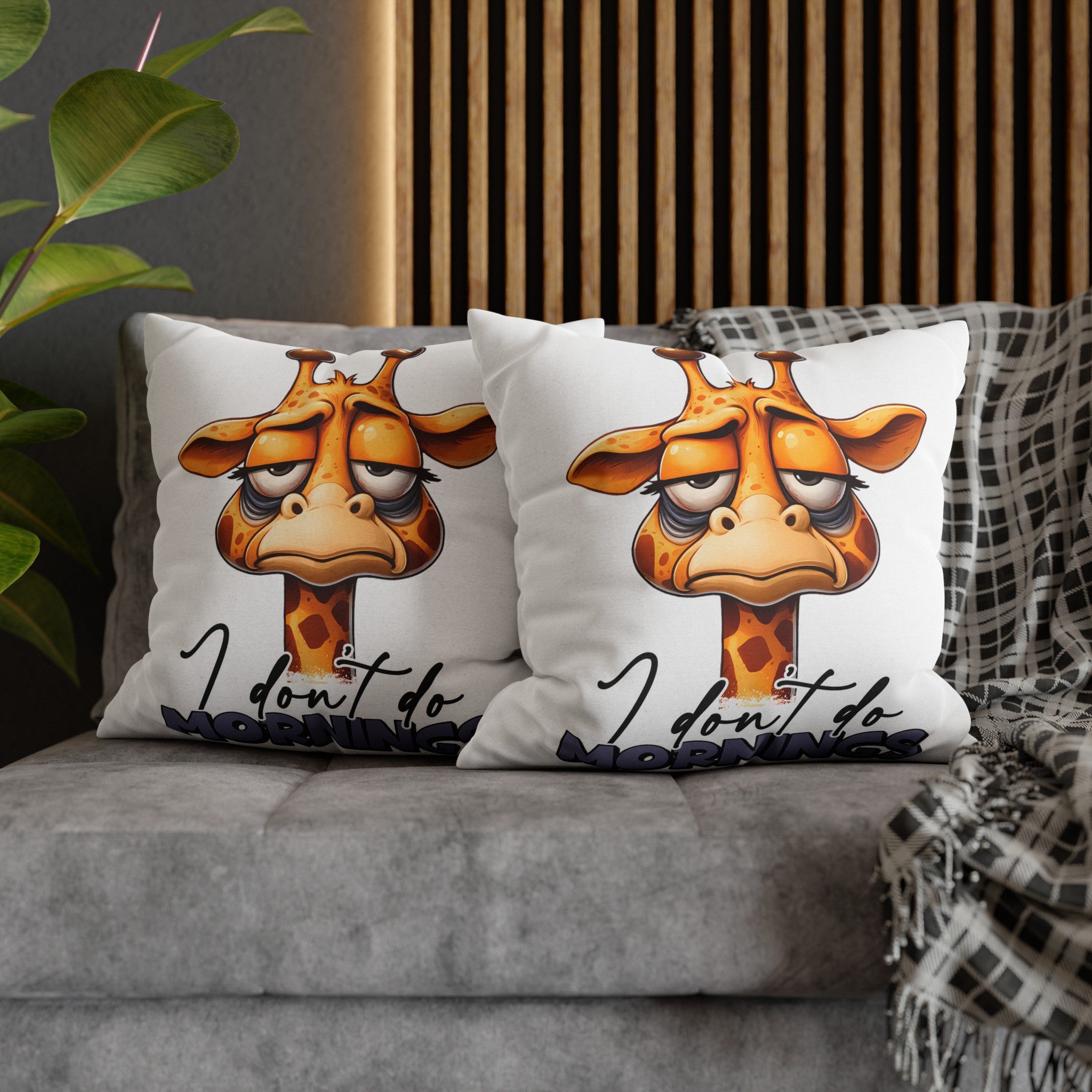 Cute Giraffe I Don't Do Mornings Quote Pillow, Funny Animal Pillow Cover, Humorous Home Decor, Unique Gift Idea, Couch Cushion Cover Spun Polyester Square Pillowcase