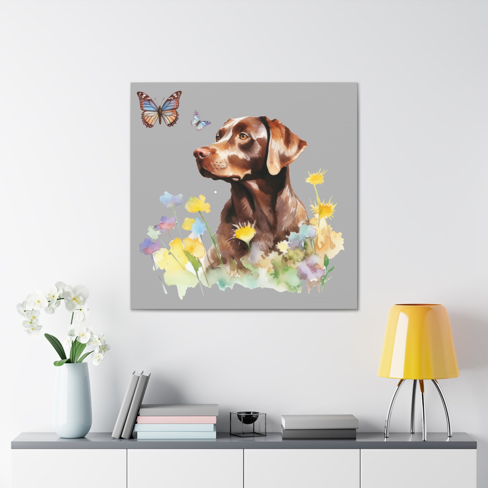 Charming Brown Dog with Butterflies and Flowers  Canvas Gallery Wraps