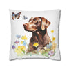 Charming Brown Dog with Butterflies and Flowers Spun Polyester Square Pillowcase