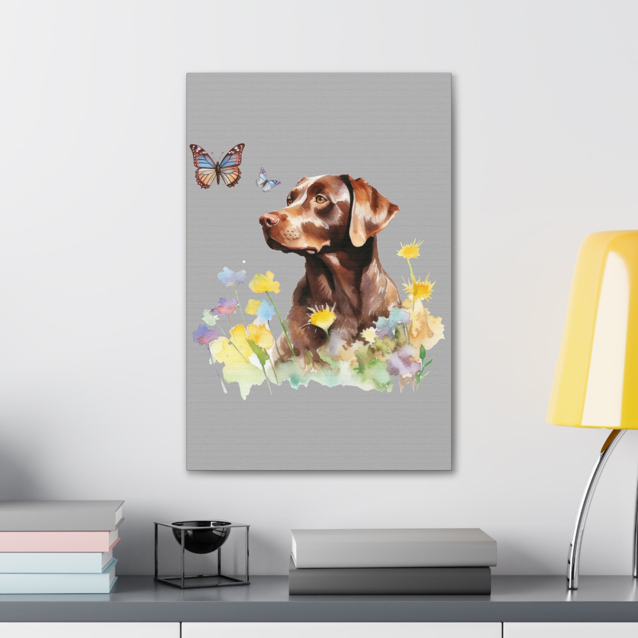 Charming Brown Dog with Butterflies and Flowers  Canvas Gallery Wraps