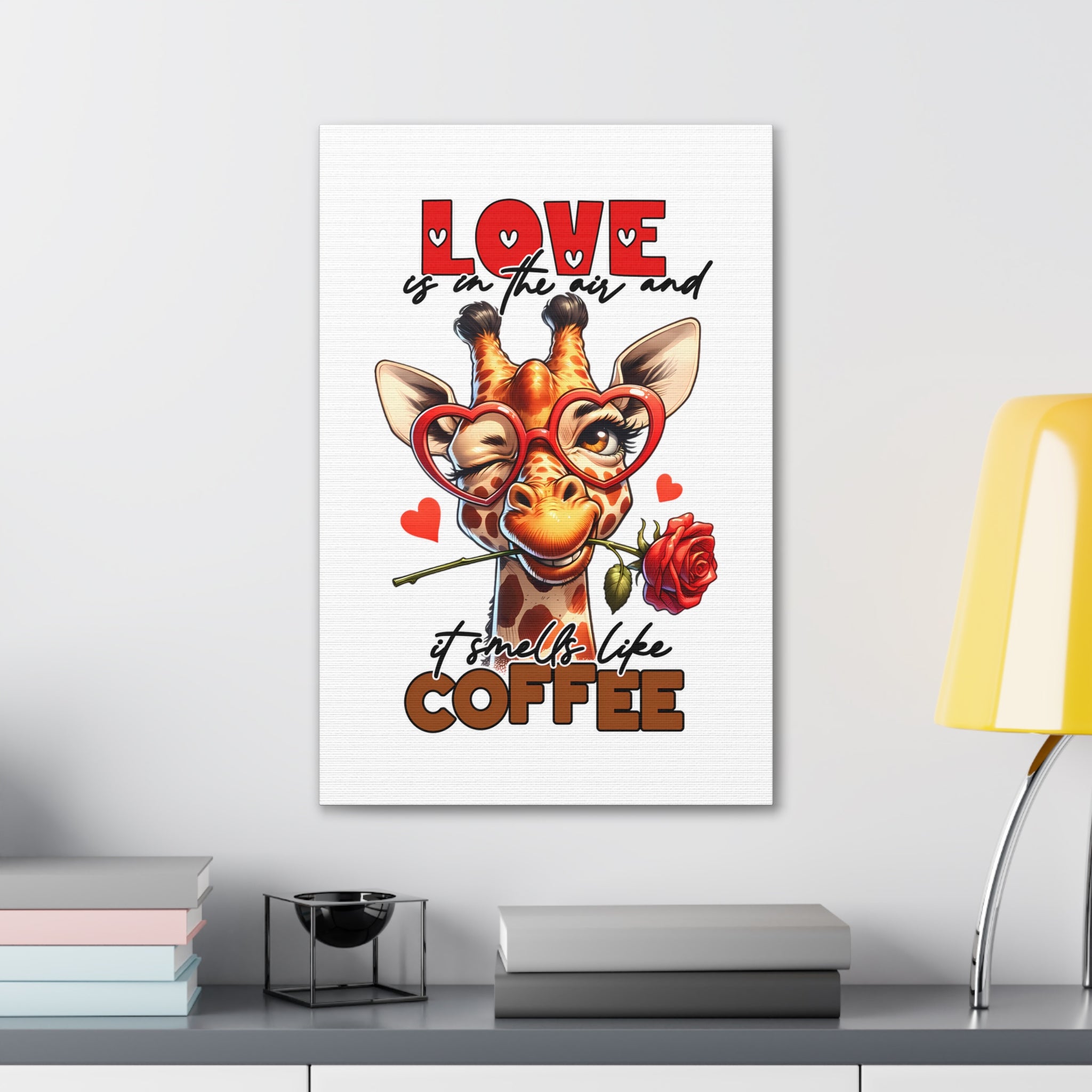 Cute Giraffe Love Wall Art, Coffee Quote Poster, Quirky Animal Decor, Fun Giraffe Illustration, Heart Glasses Artwork, Romantic Coffee Print Canvas Gallery Wraps