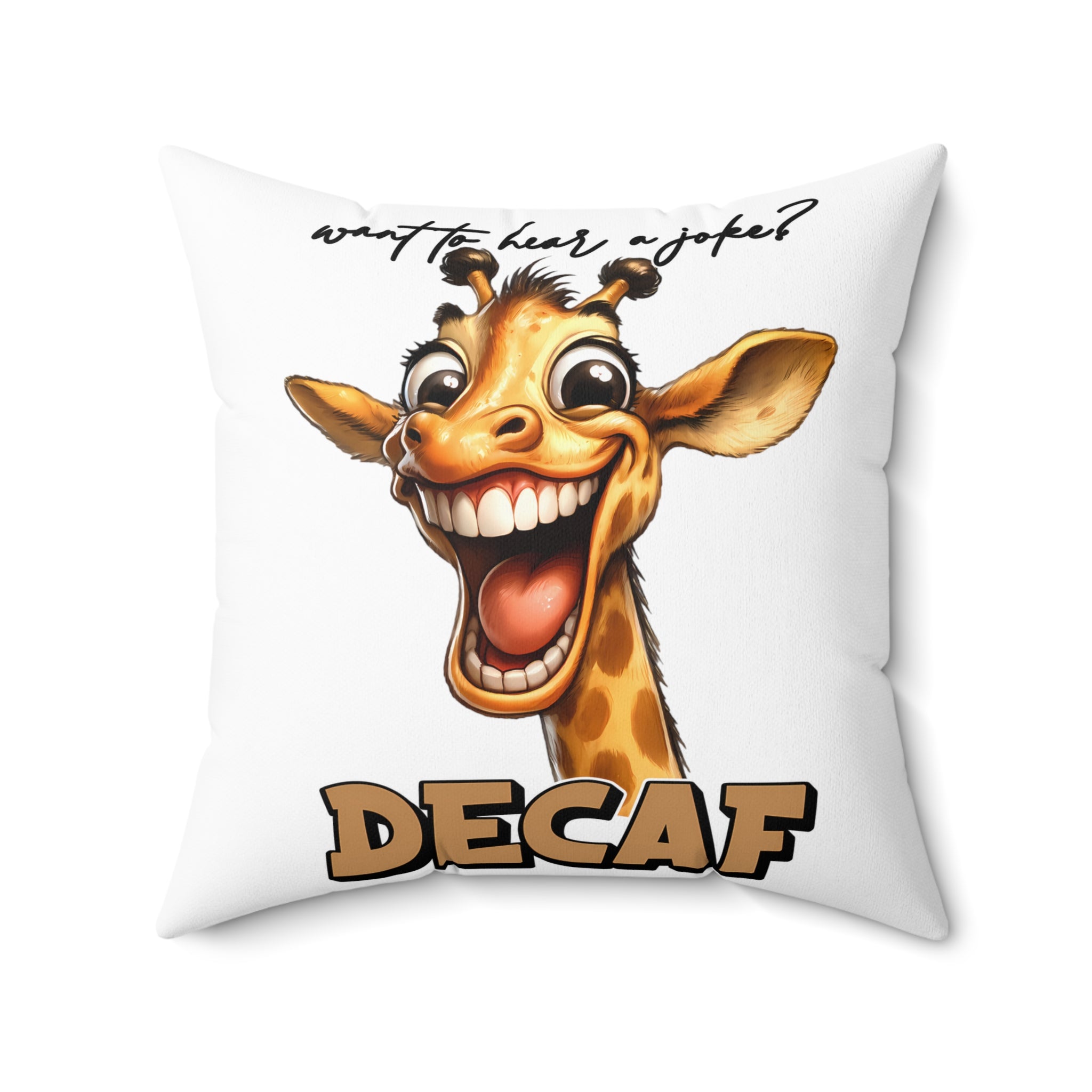 Funny Giraffe Pillow, Decaf Joke Design, Unique Cartoon Animal Cushion, Humorous Decorative Throw Pillow, Fun Home Decor Gift Spun Polyester Square Pillow