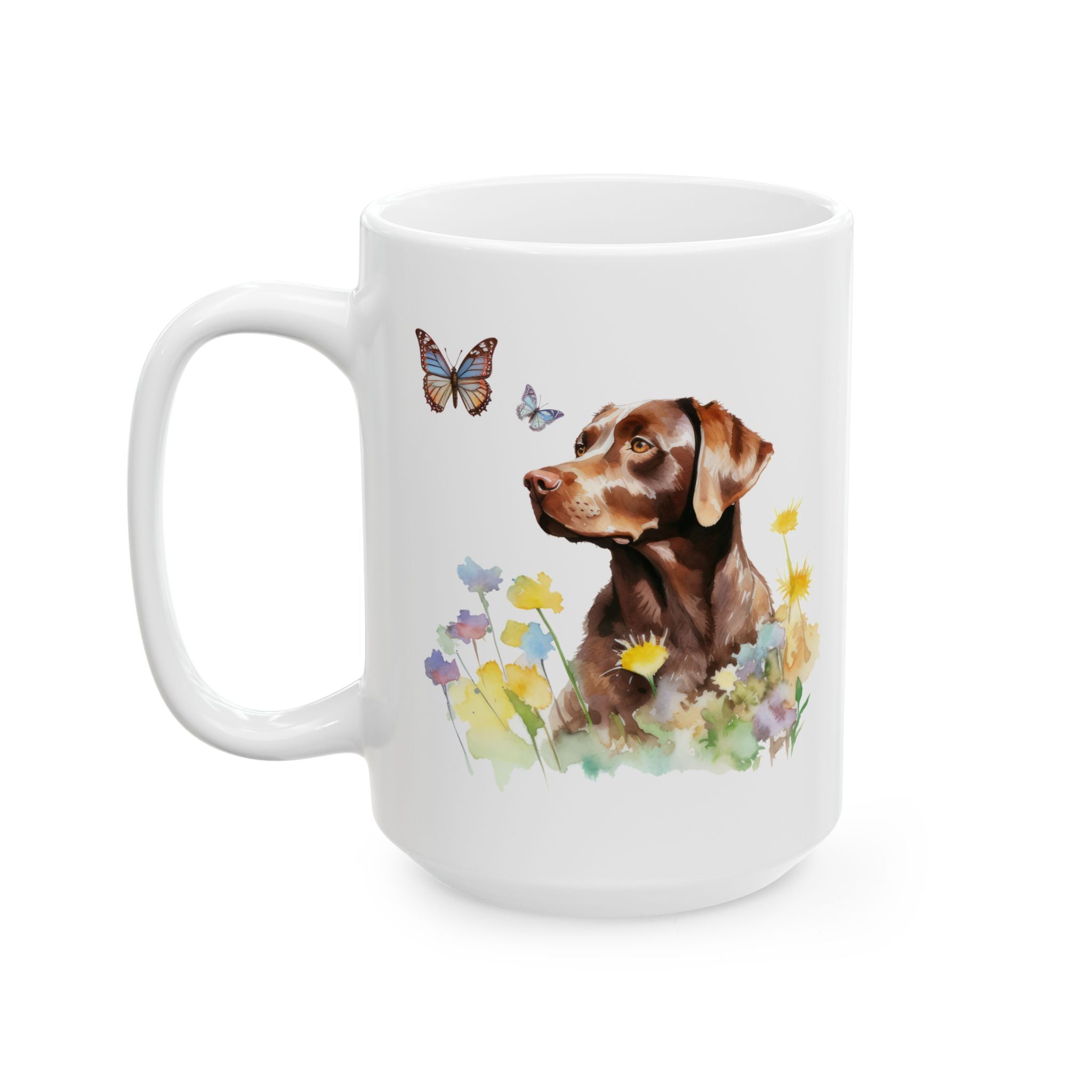 Charming Brown Dog with Butterflies and Flowers Mug Ceramic Mug, (11oz, 15oz)