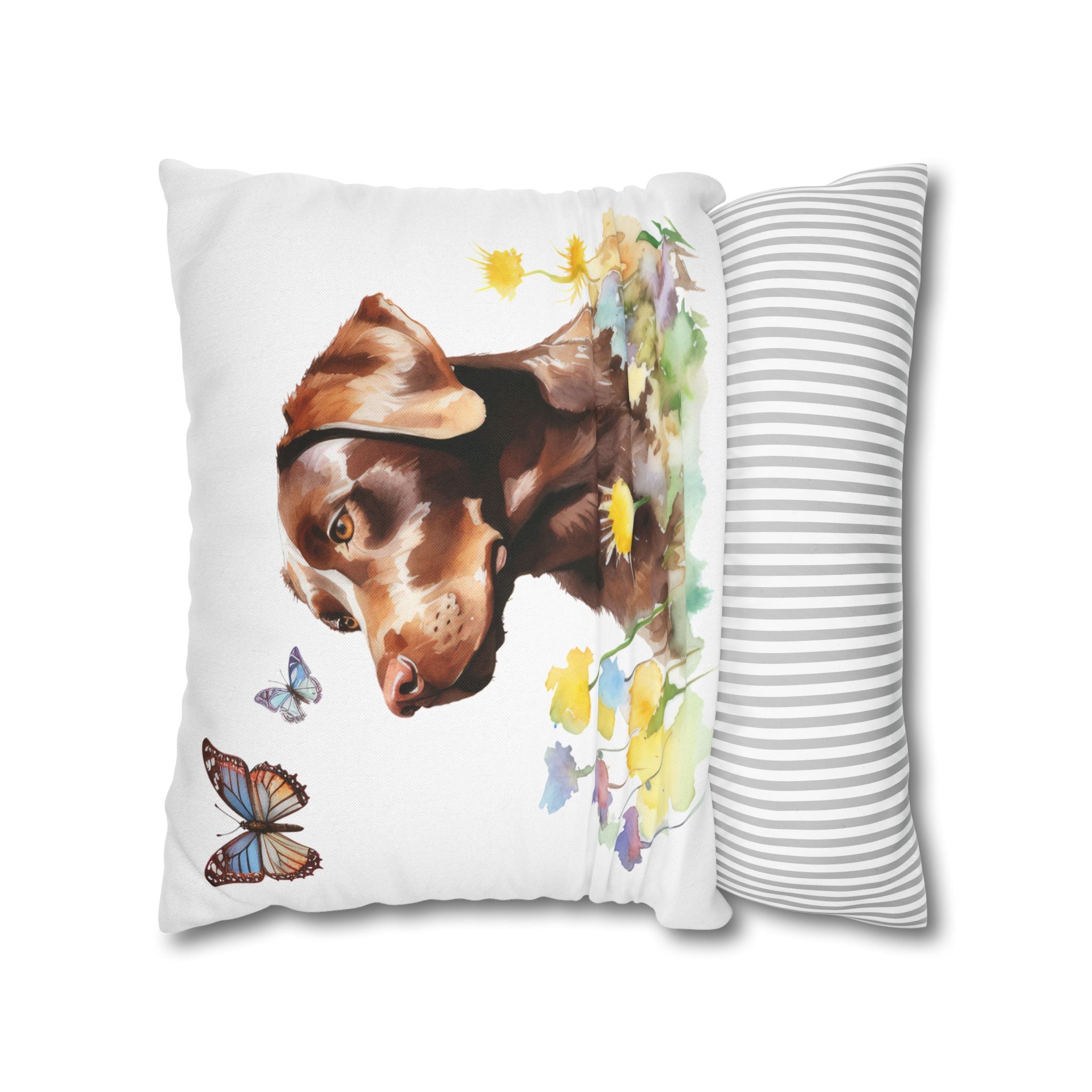 Charming Brown Dog with Butterflies and Flowers Spun Polyester Square Pillowcase