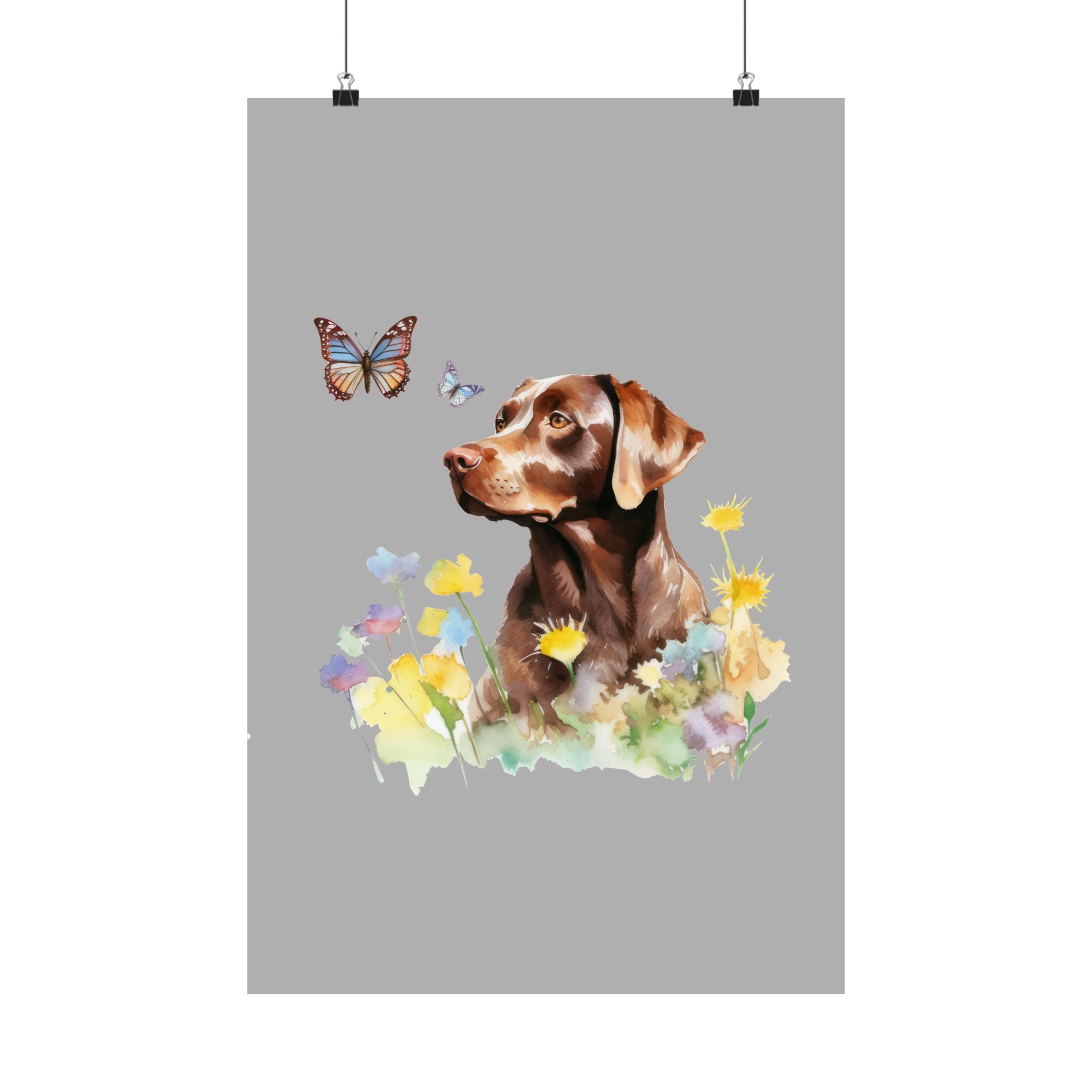 Charming Brown Dog with Butterflies and Flowers  Matte Vertical Posters