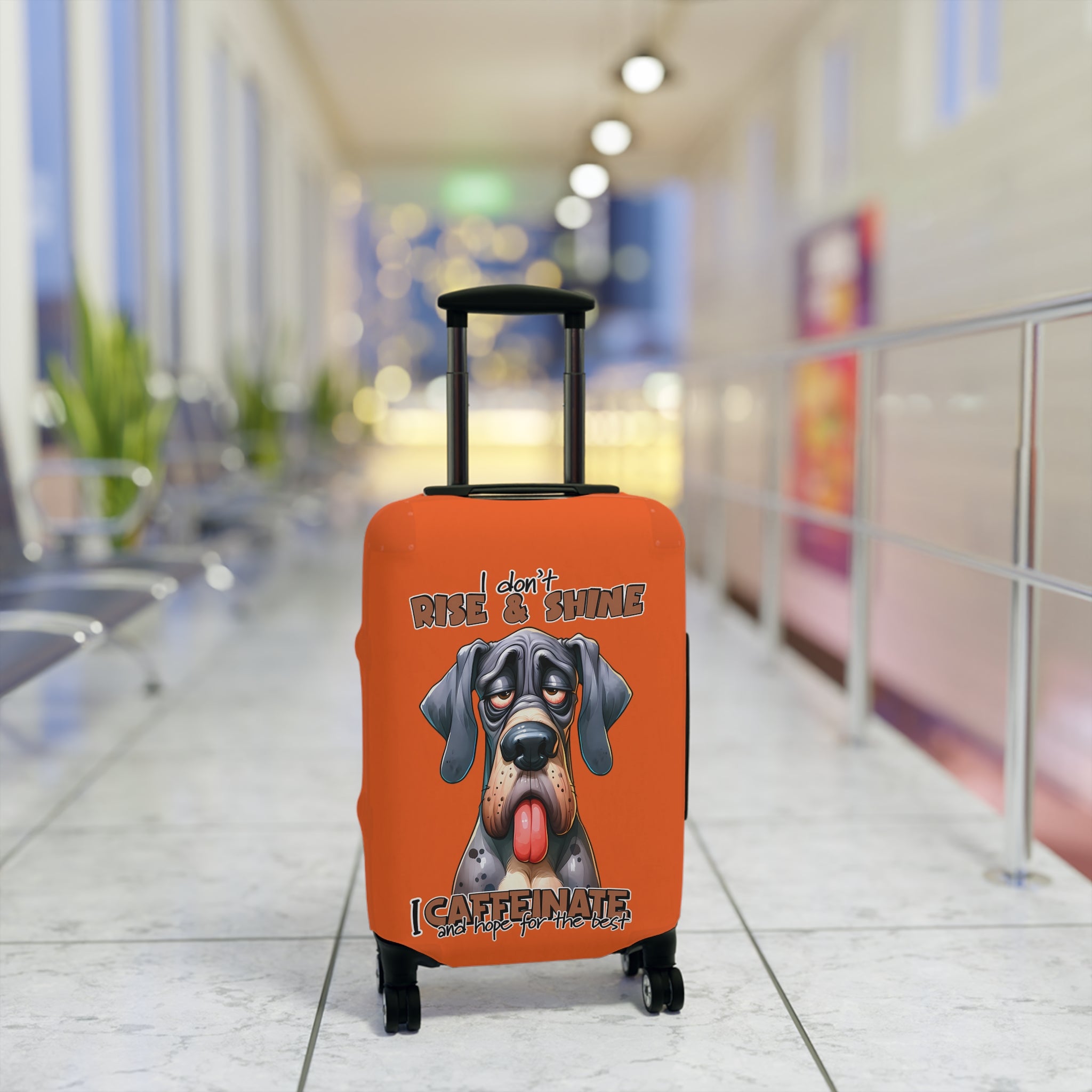 Funny Dog Luggage Cover, I Don't Rise and Shine I Caffeinate Luggage Cover, Dog Lover Gift, Humorous Luggage Cover, Lazy Dog Design, Cute Canine Art Luggage Cover