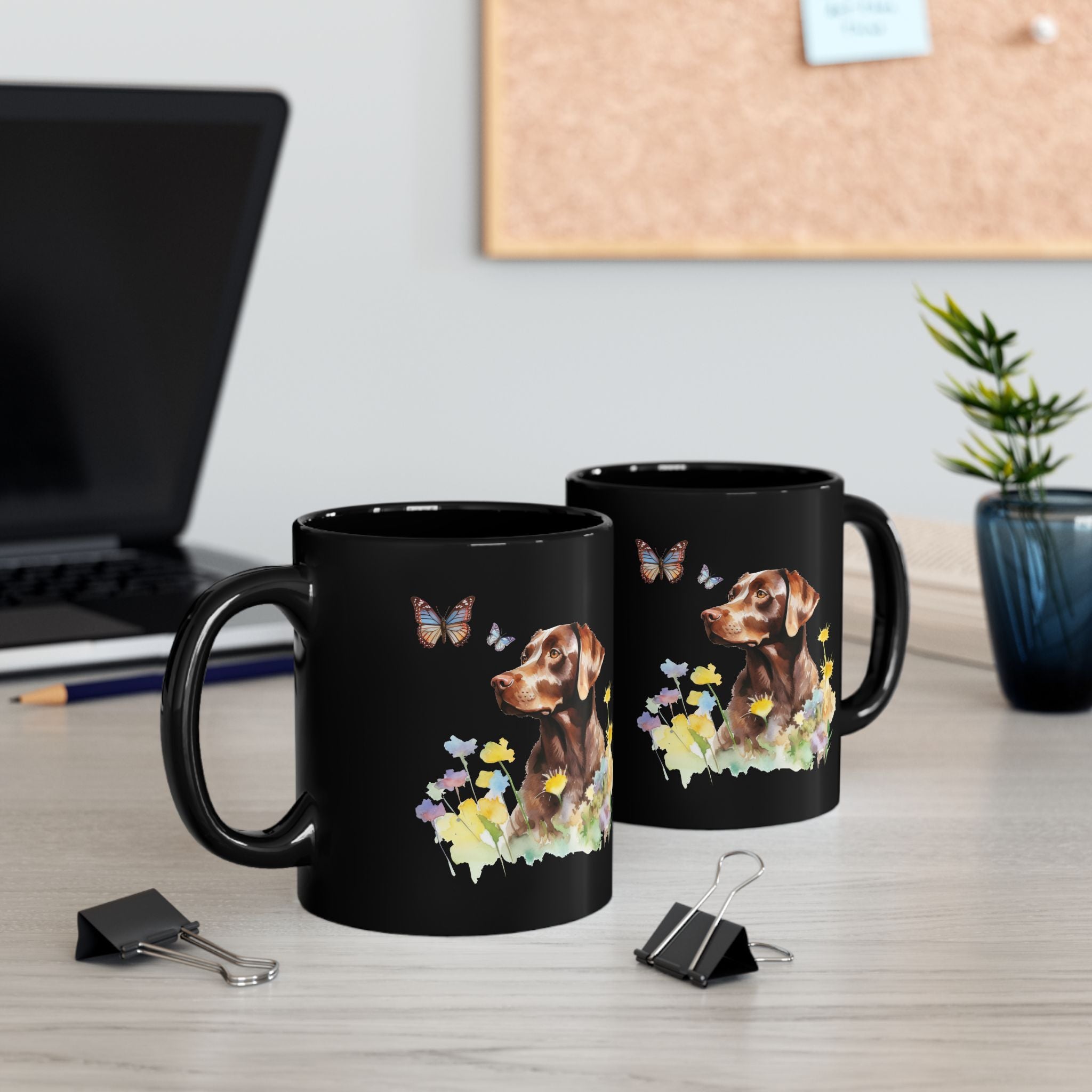 Copy of Charming Brown Dog with Butterflies and Flowers Black Mug (11oz, 15oz)