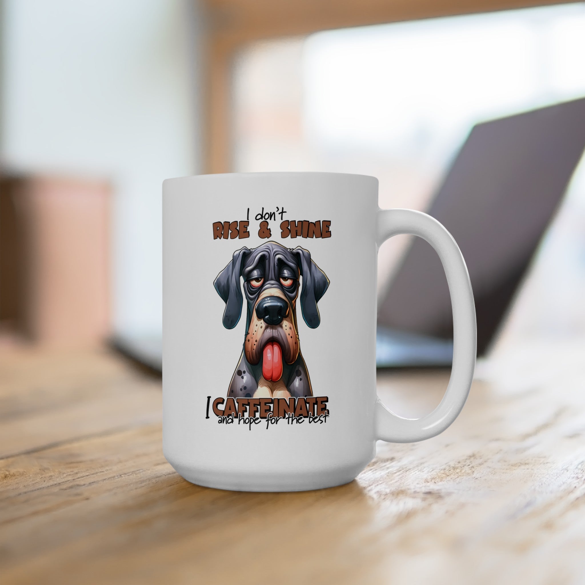 Funny Dog Mug, I Don't Rise and Shine I Caffeinate Mug, Dog Lover Gift, Humorous Coffee Cup, Lazy Dog Design, Cute Canine Art Mug Mug, (11oz, 15oz)