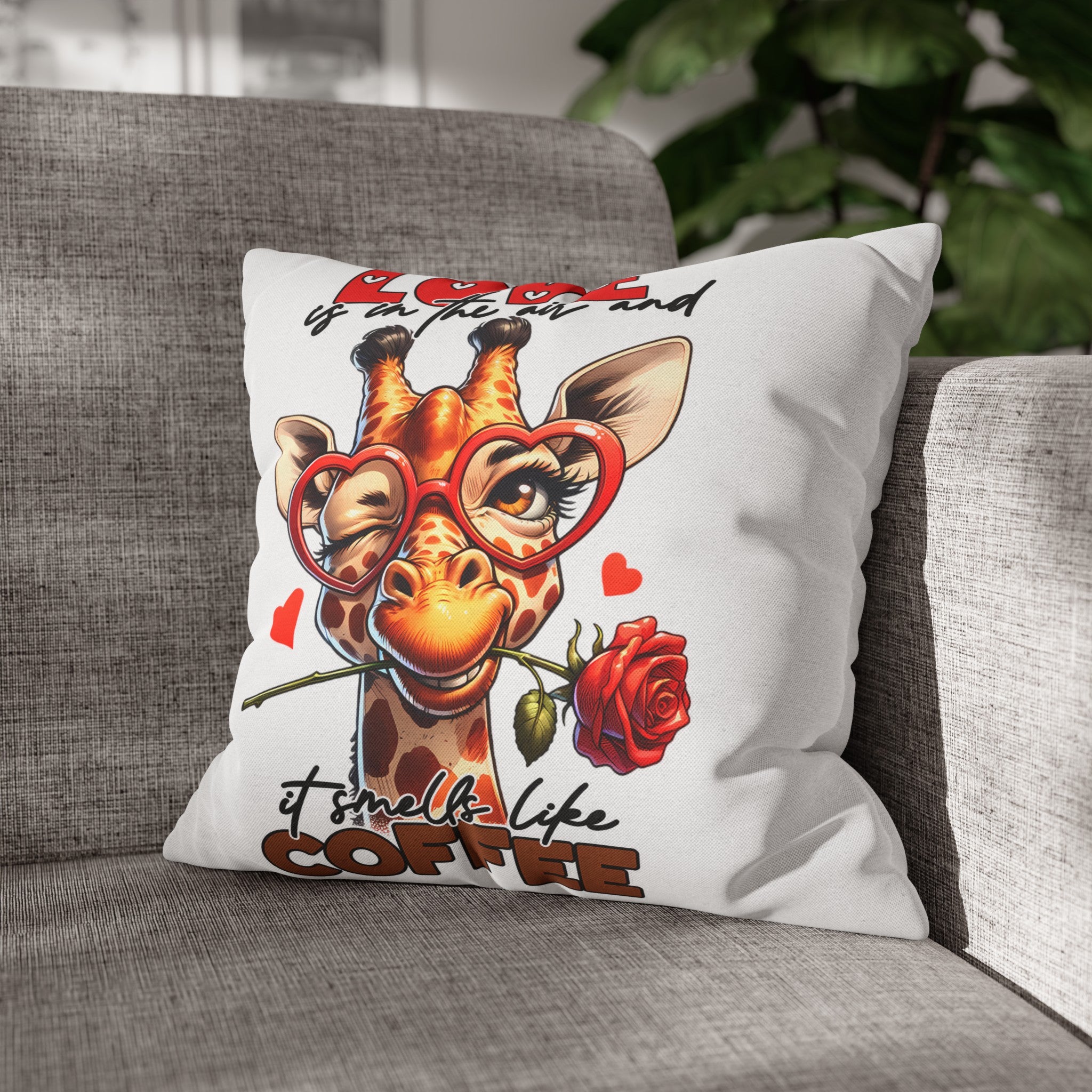 Cute Giraffe Love Is In The Air Coffee Lovers Pillow, Funny Animal Decor Throw Pillow, Perfect Valentine's Day Gift Spun Polyester Square Pillowcase