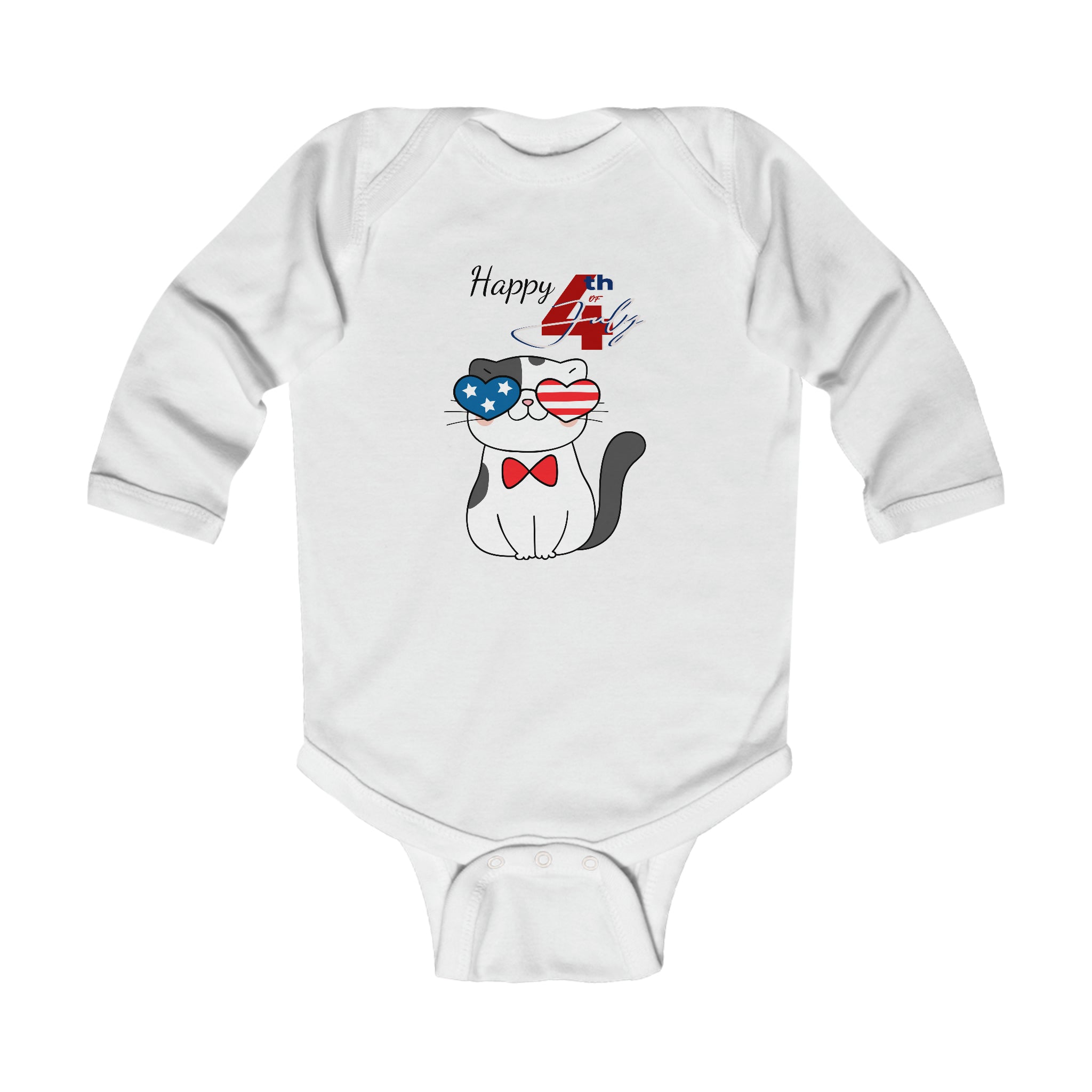 Happy 4th of July American Flag Cat Design Long Sleeve Baby Bodysuit