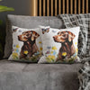 Charming Brown Dog with Butterflies and Flowers Spun Polyester Square Pillowcase