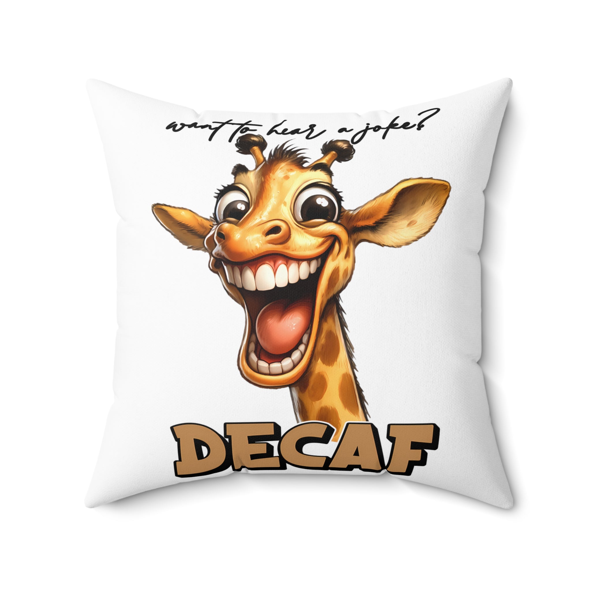 Funny Giraffe Pillow, Decaf Joke Design, Unique Cartoon Animal Cushion, Humorous Decorative Throw Pillow, Fun Home Decor Gift Spun Polyester Square Pillow