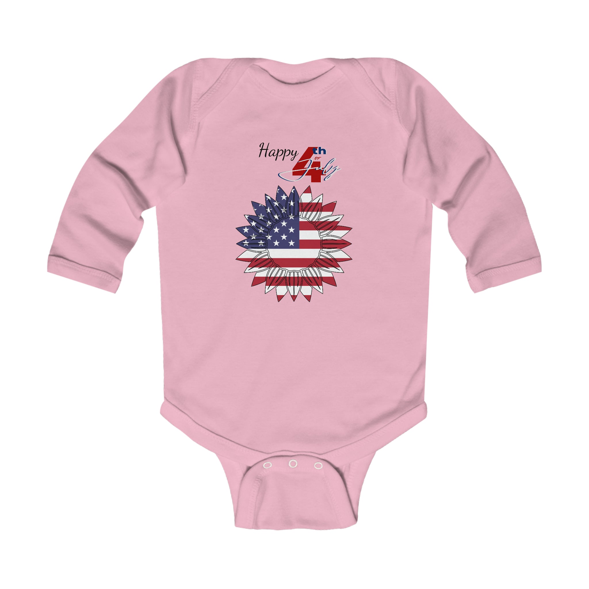 Happy 4th of July American Flag Sunflower design Long Sleeve Baby Bodysuit