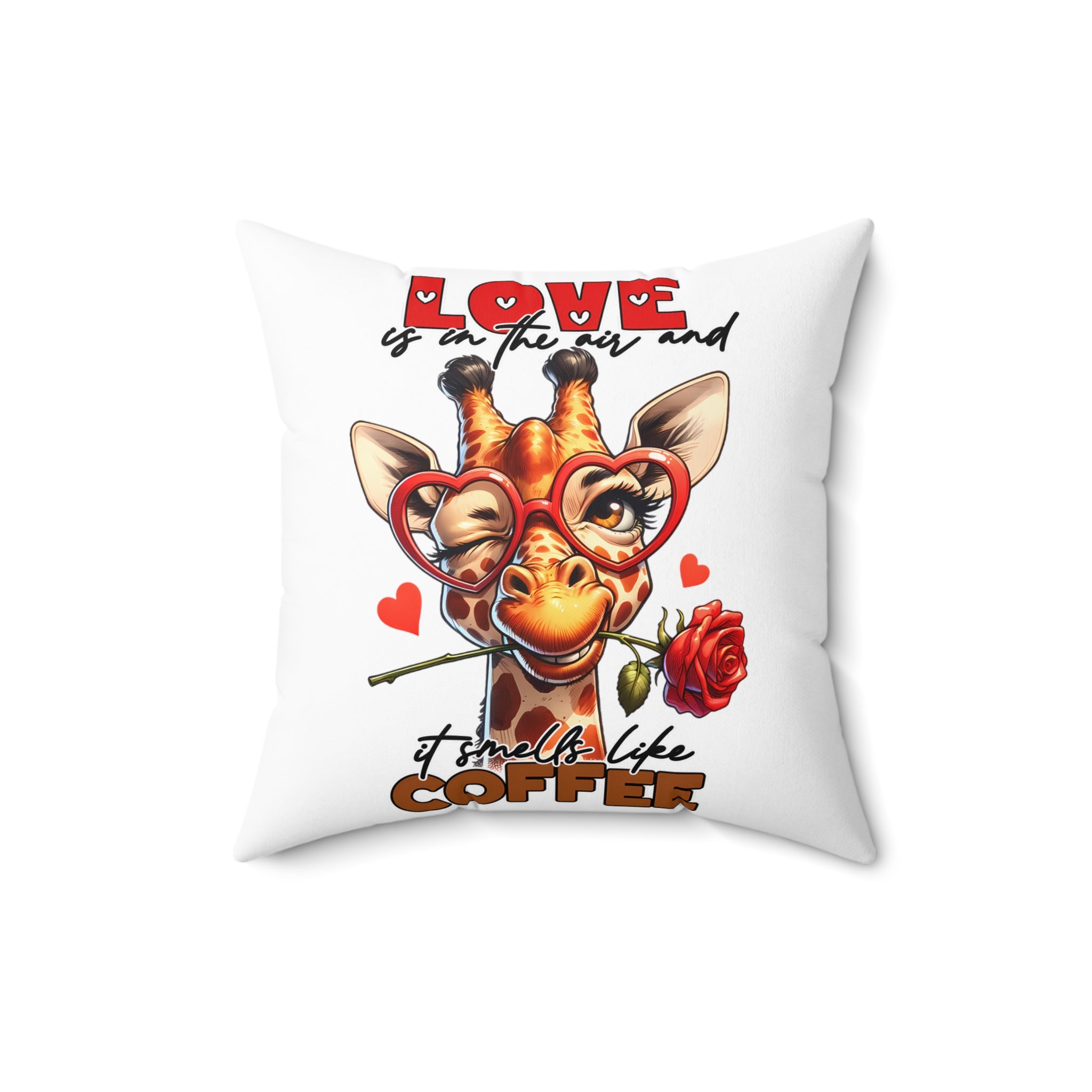 Love Is In The Air Pillow, Funny Giraffe Decor, Coffee Lover Gift, Cute Animal Cushion, Rose and Heart Design Pillow, Unique Home Decor Spun Polyester Square Pillow