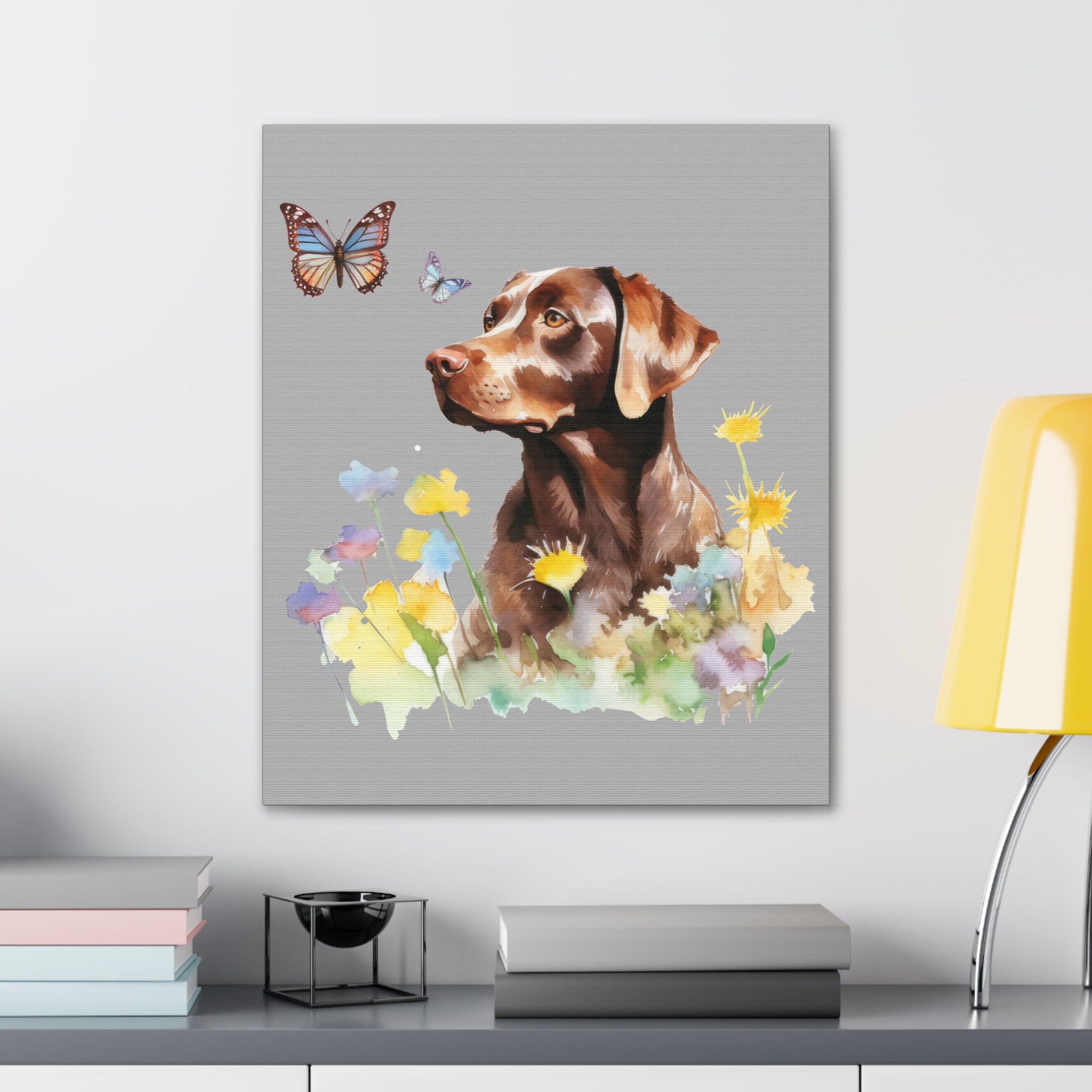 Charming Brown Dog with Butterflies and Flowers  Canvas Gallery Wraps